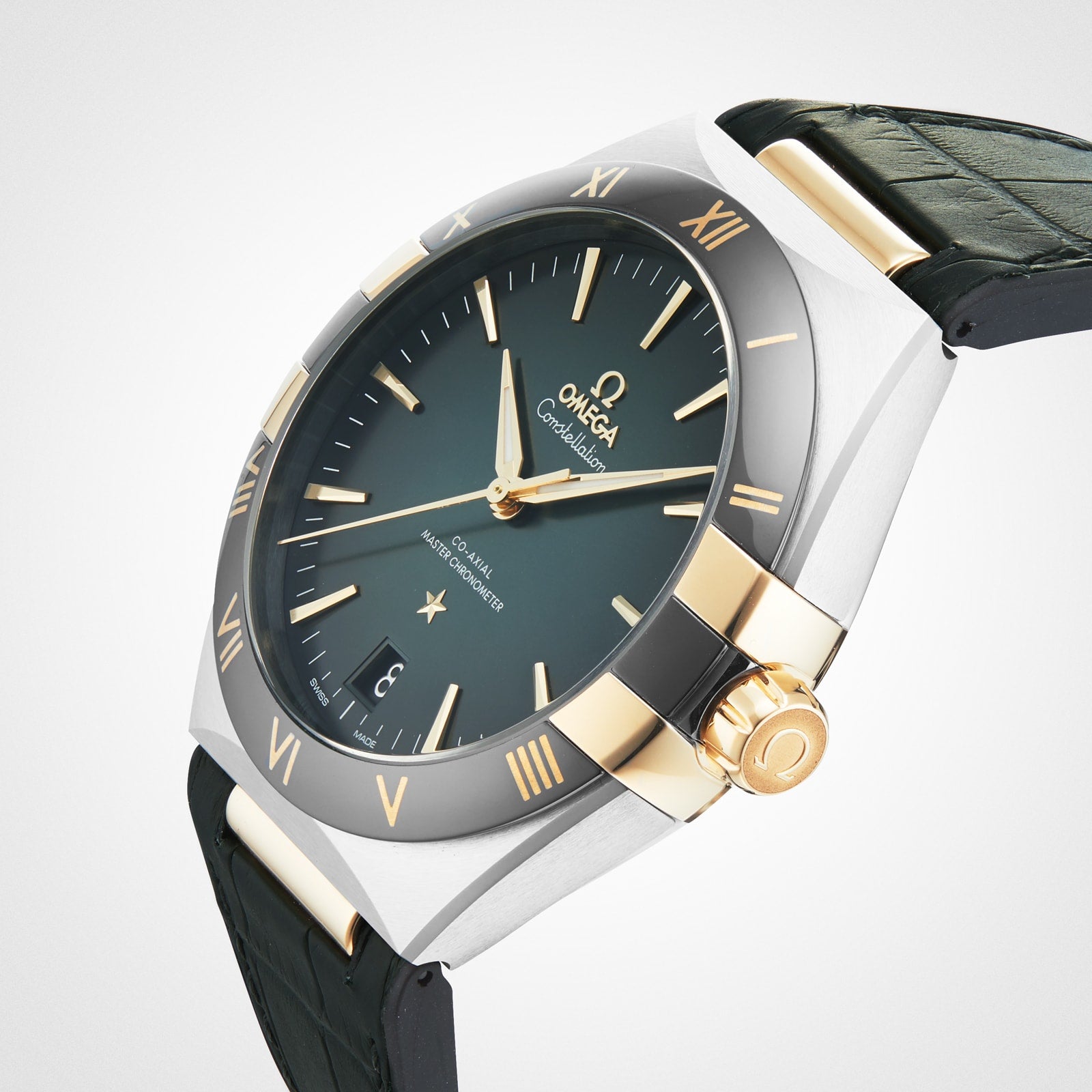 Close-up of an OMEGA Constellation watch featuring a black dial, gold accents, and a black leather strap, highlighting its 8900 calibre movement from an angled view.