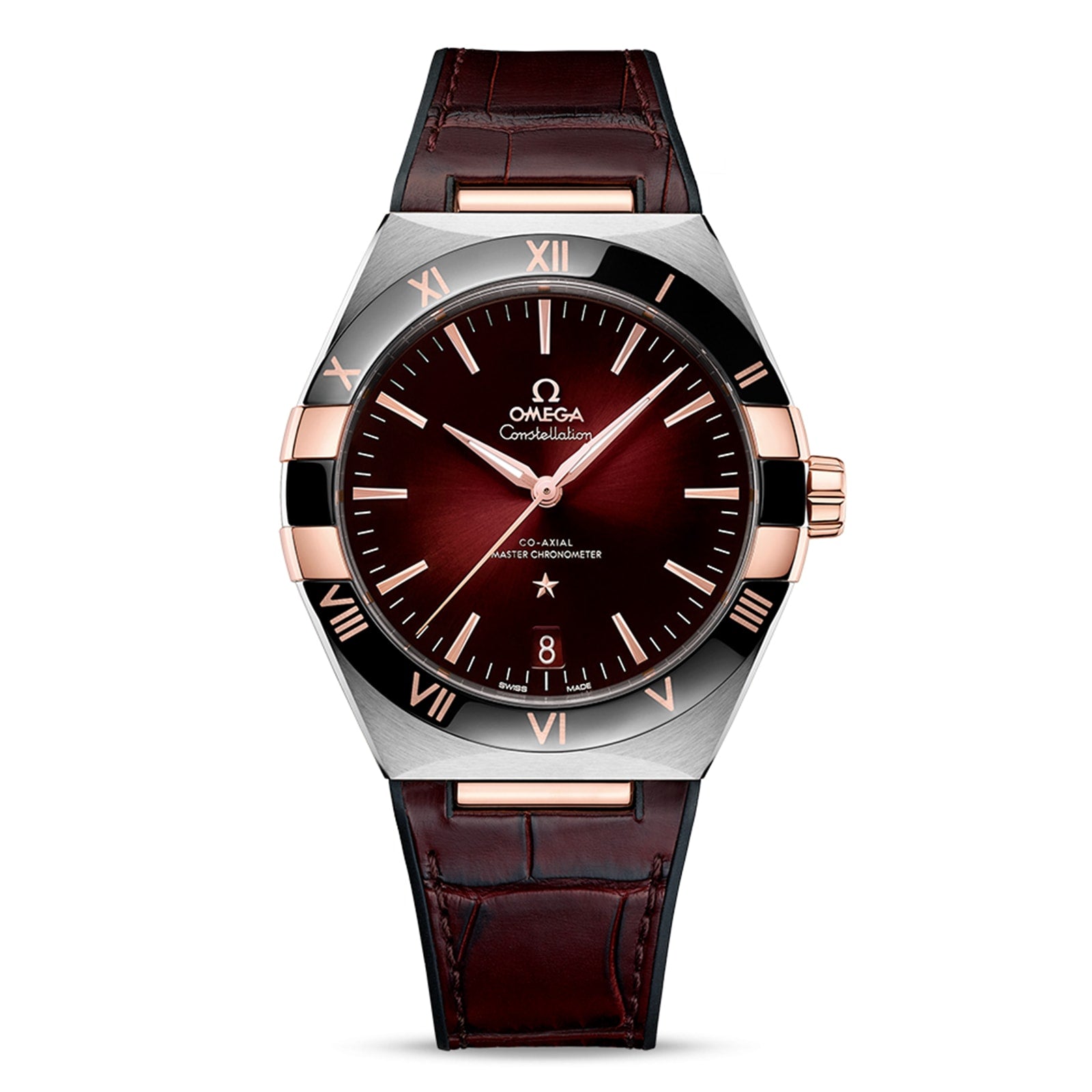 The OMEGA Constellation wristwatch features a brown leather strap, burgundy dial, gold hour markers, and a silver-gold case with Master Chronometer certified precision.