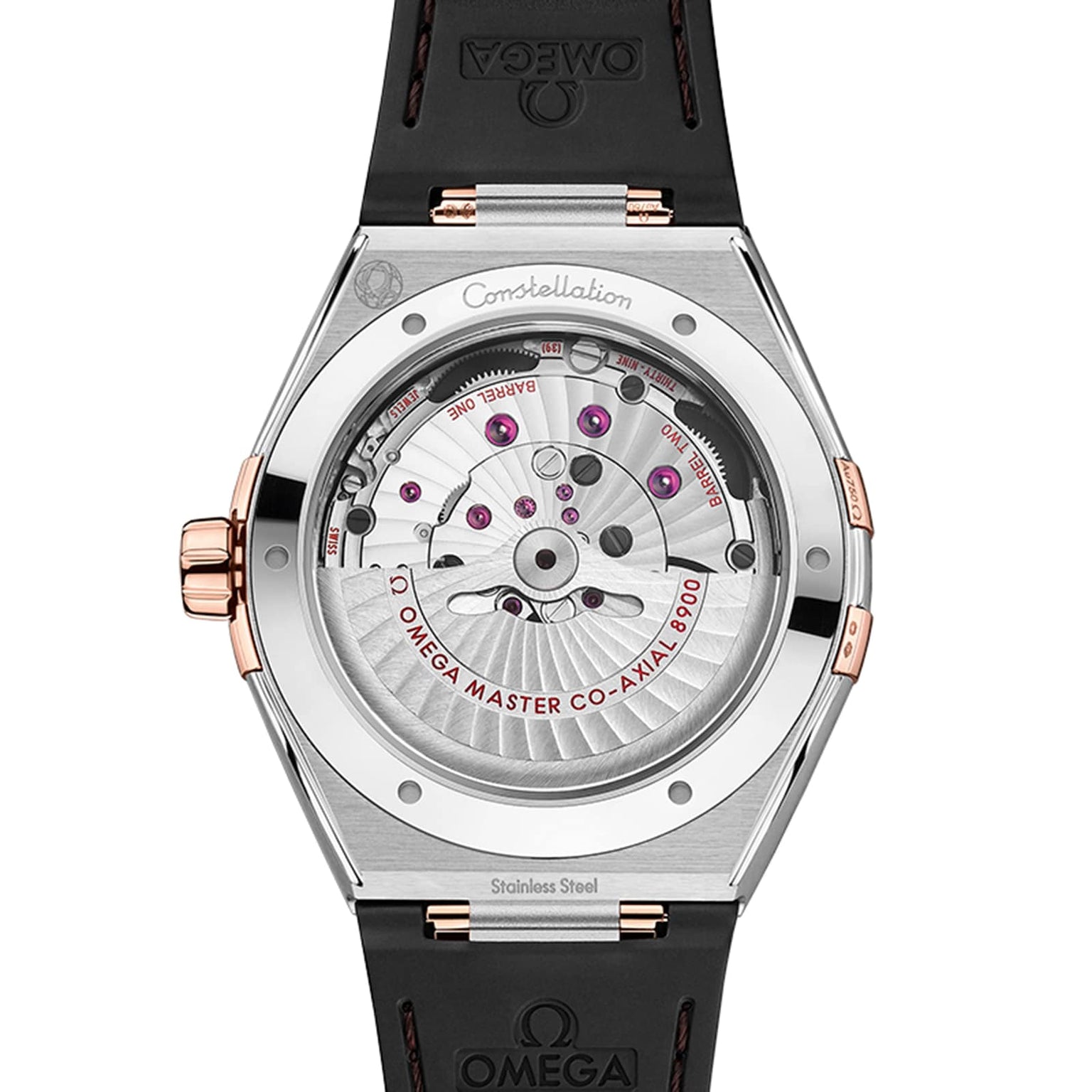 Back view of the OMEGA Constellation watch revealing the open case back, 8900 calibre movement, MASTER CO-AXIAL 8900 engraving on the rotor, and a black strap, highlighting its Constellation heritage.