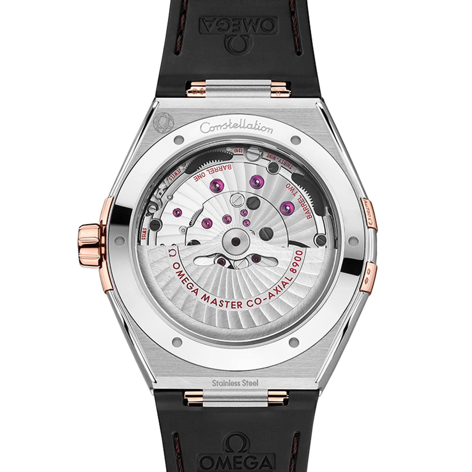 Back view of the OMEGA Constellation watch revealing the open case back, 8900 calibre movement, MASTER CO-AXIAL 8900 engraving on the rotor, and a black strap, highlighting its Constellation heritage.