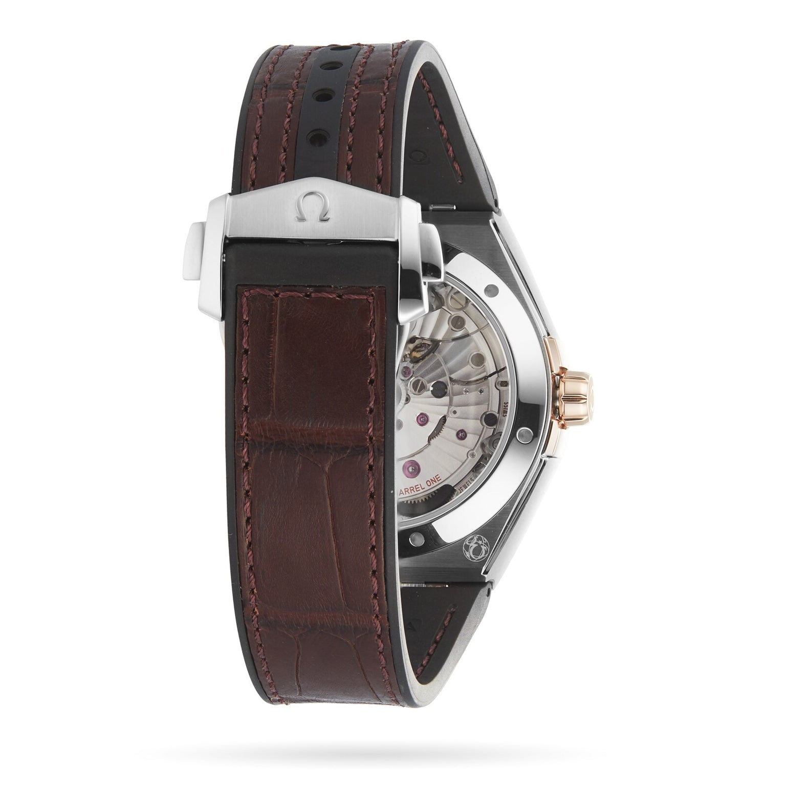 The back view of the OMEGA Constellation shows a brown leather strap, stainless steel clasp, and a transparent case back displaying the 8900 calibre movement with Master Chronometer certified precision.