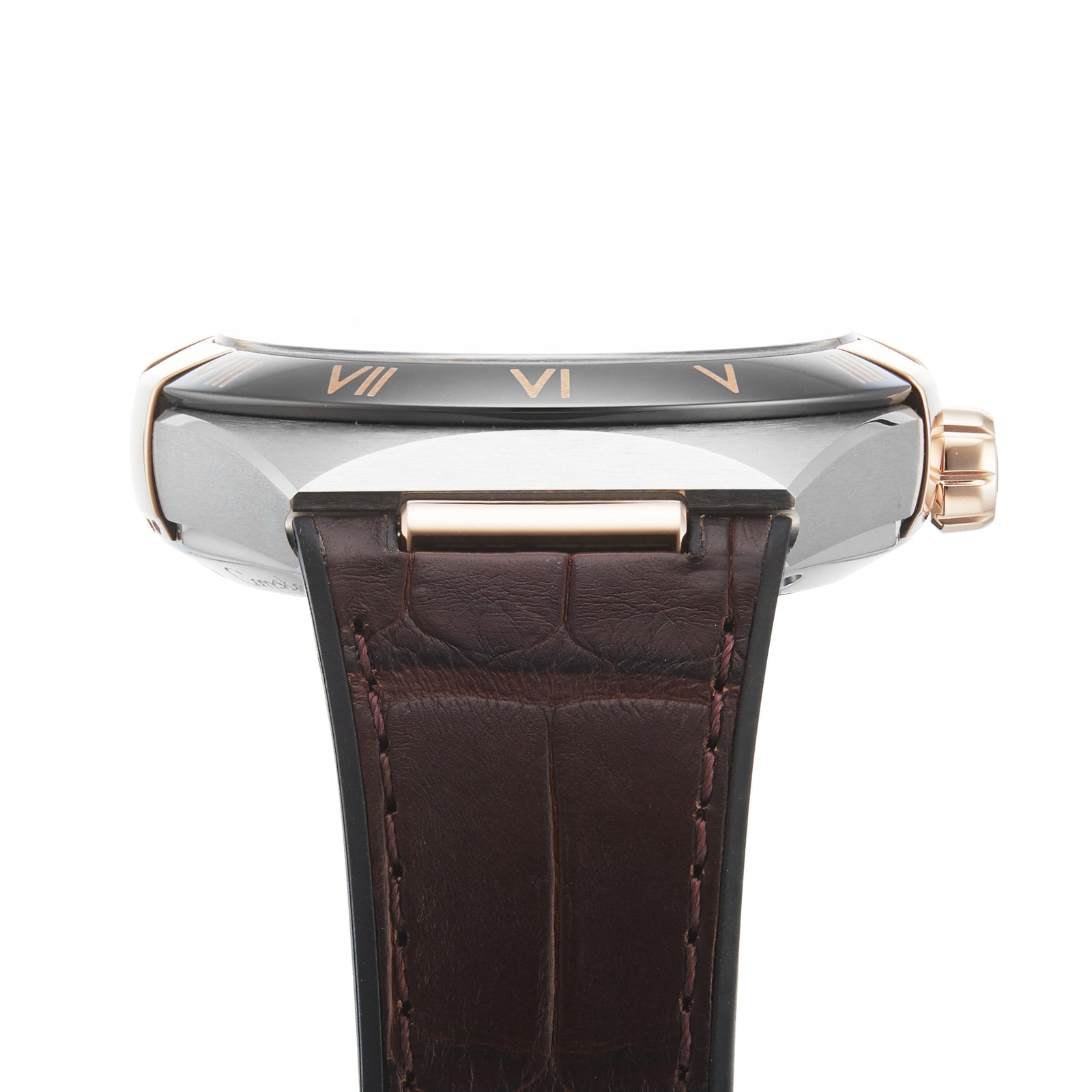 Side view of the OMEGA Constellation wristwatch with a black dial featuring Roman numerals, a brown leather strap, and powered by the 8900 calibre movement.