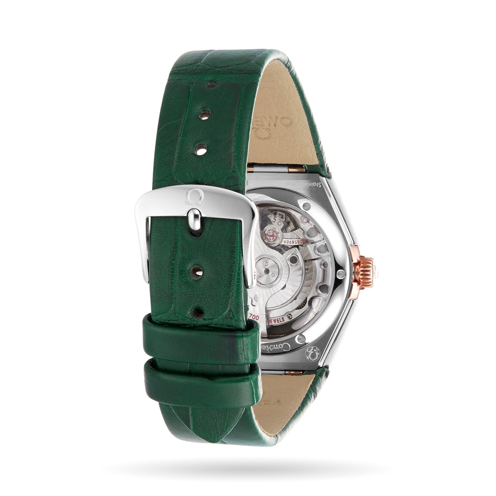 Back view of the OMEGA Constellation, a Master Chronometer wristwatch featuring a green leather strap and a visible mechanical movement through its transparent case back.
