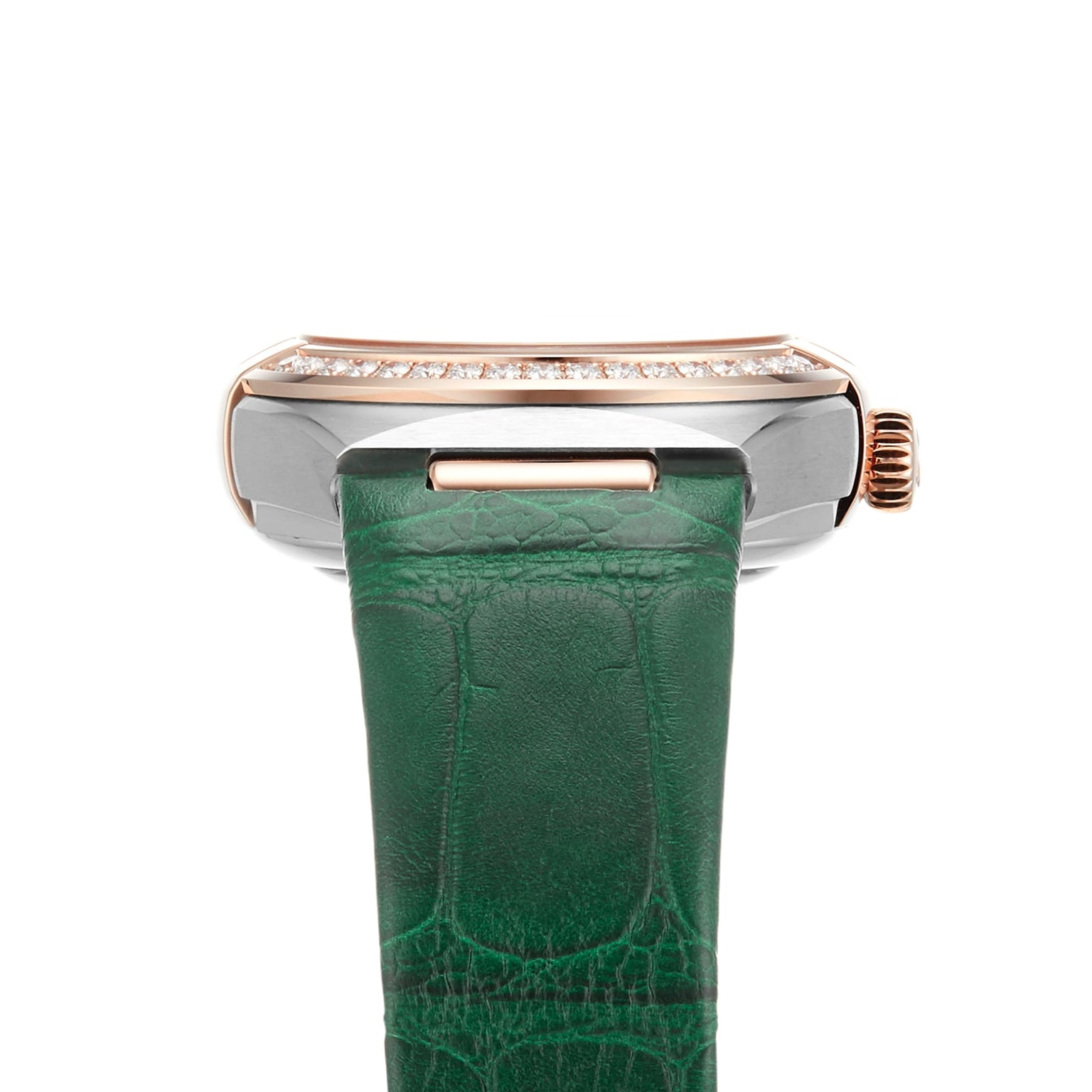 A close-up side view of the OMEGA Constellation wristwatch, featuring a green leather strap, metal case, and a row of small diamonds along the edge of the watch face.