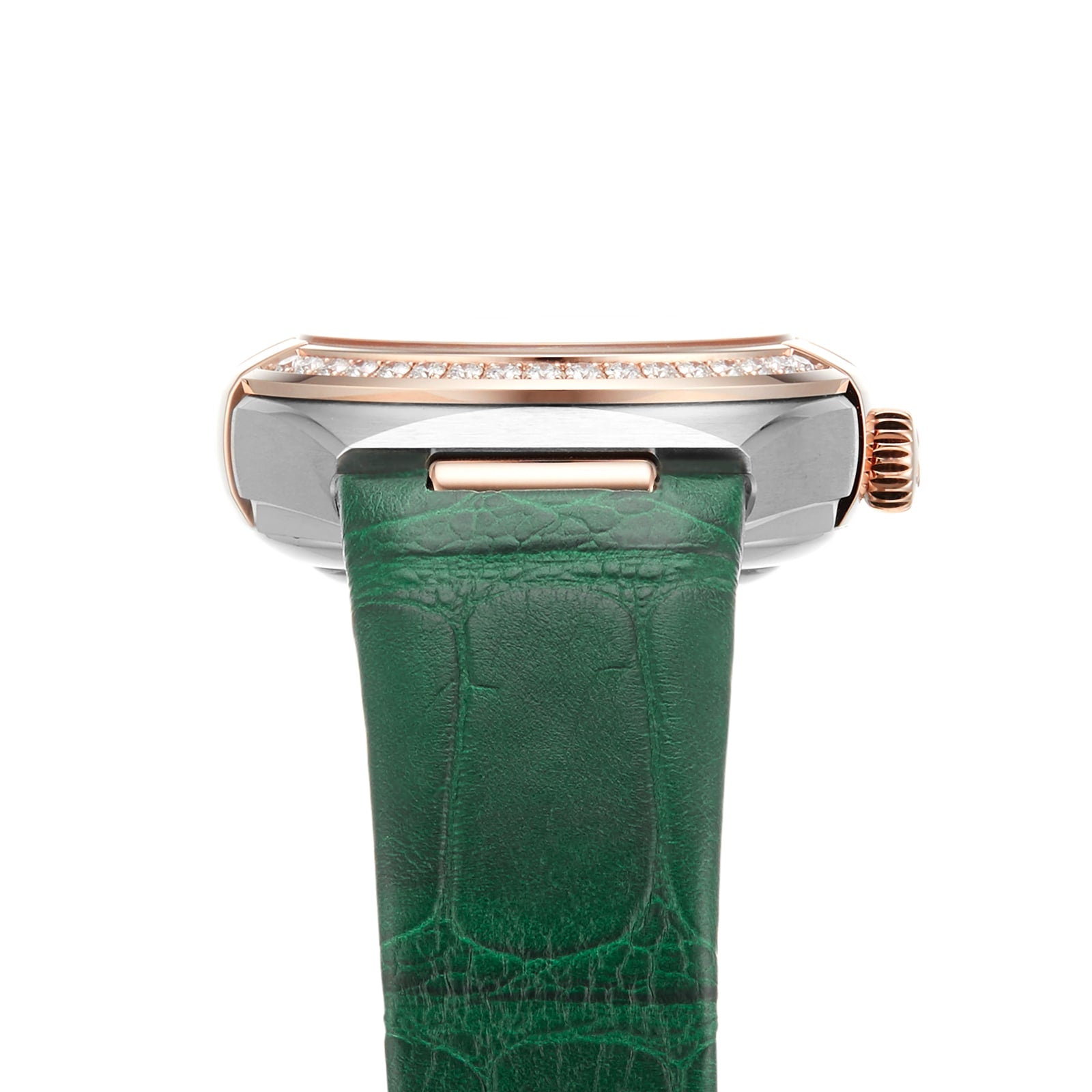 A close-up side view of the OMEGA Constellation wristwatch, featuring a green leather strap, metal case, and a row of small diamonds along the edge of the watch face.