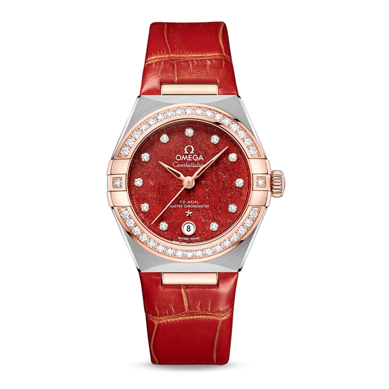 The OMEGA Constellation features a red leather strap, diamond-set bezel, and a red textured dial with date at 6 o’clock, powered by the Master Chronometer 8700 calibre movement.