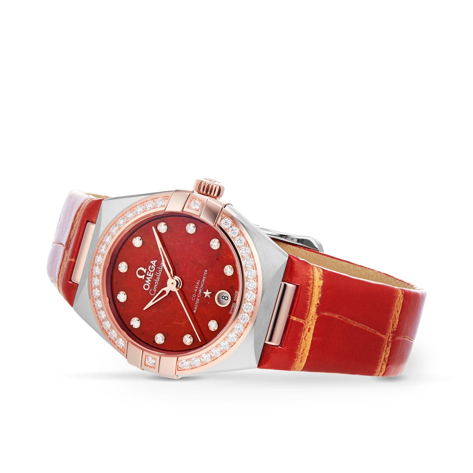 OMEGAs Constellation wristwatch features a red leather strap, red dial with diamond hour markers, and a silver & rose gold, diamond-set case. It’s powered by the 8700 calibre and is Master Chronometer certified for precision.