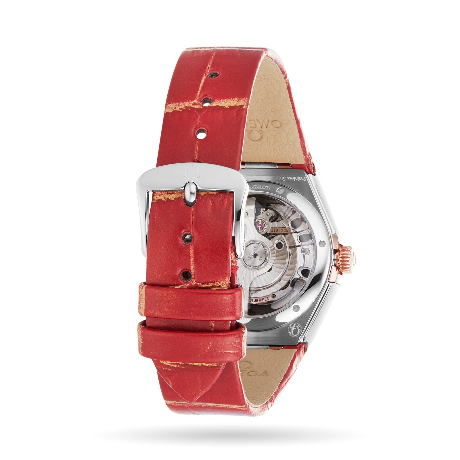 Rear view of the OMEGA Constellation wristwatch, featuring a red leather strap, silver buckle, and visible 8700 calibre movement through a transparent case back—highlighting the precision of OMEGA’s renowned craftsmanship.
