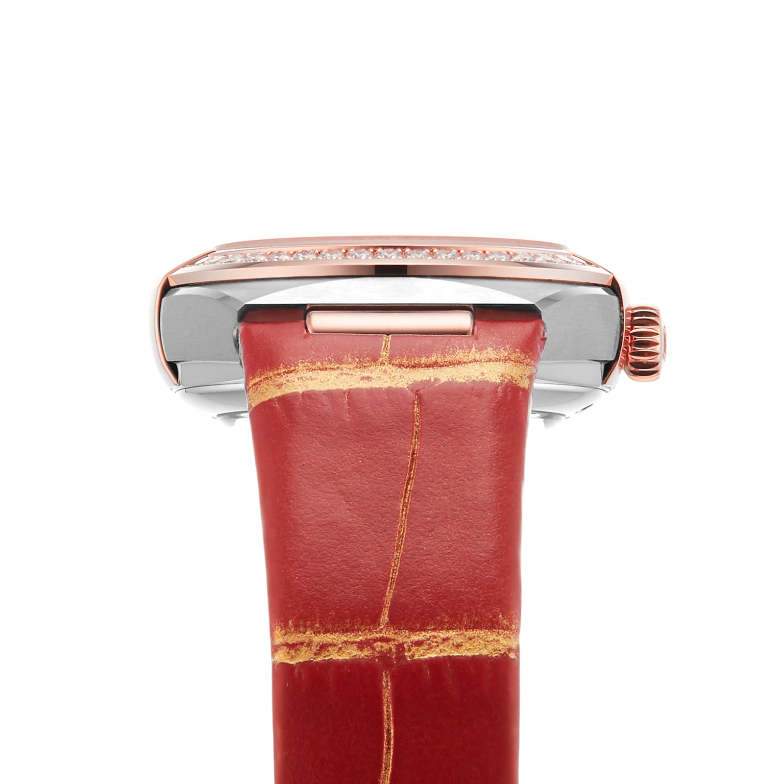 Close-up side view of the OMEGA Constellation wristwatch, featuring a red leather strap, silver case, visible crown and bezel detail, and showcasing its Master Chronometer certified movement.