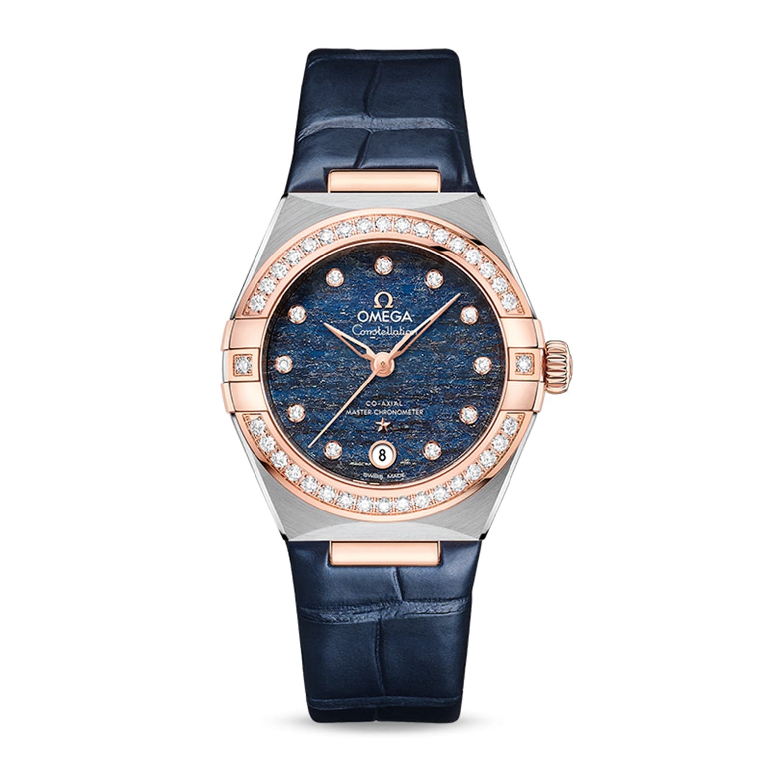OMEGA Constellation featuring an Aventurine stone dial with diamond hour markers, 18K Sedna™ gold bezel, and a blue leather strap.
