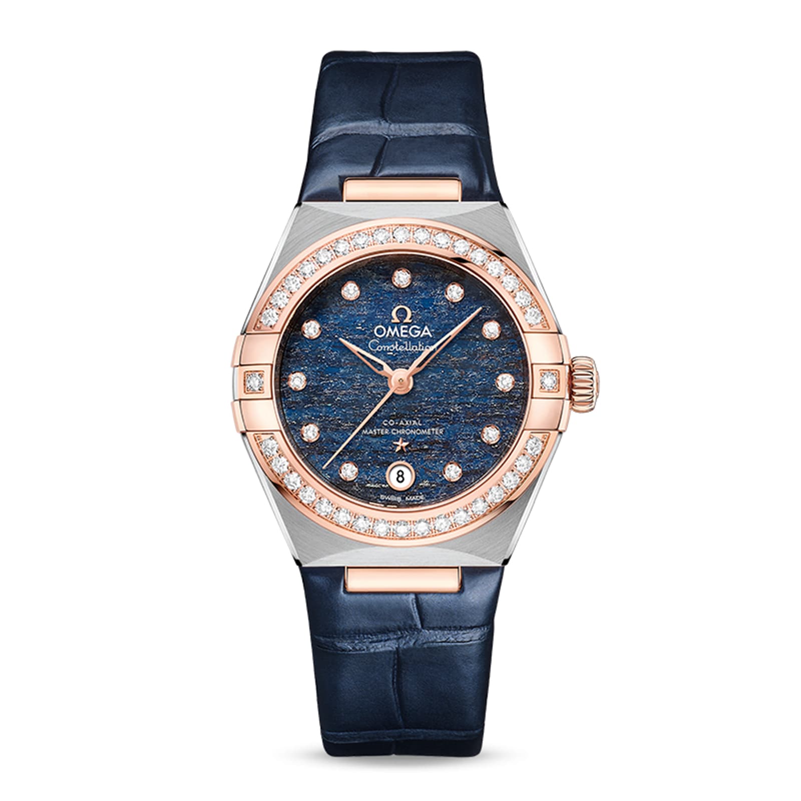 OMEGA Constellation featuring an Aventurine stone dial with diamond hour markers, 18K Sedna™ gold bezel, and a blue leather strap.