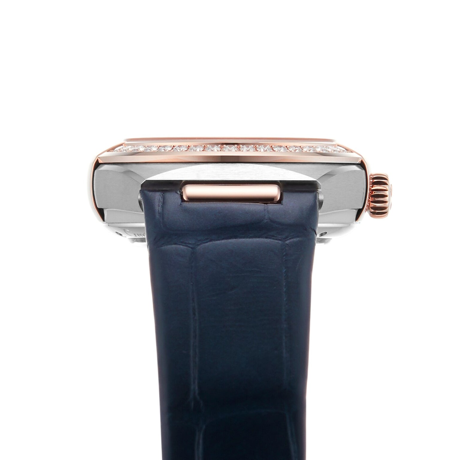 Close-up side view of the OMEGA Constellation, showcasing a blue leather strap, silver case, rose gold crown, diamond-set bezel, and an Aventurine stone dial.