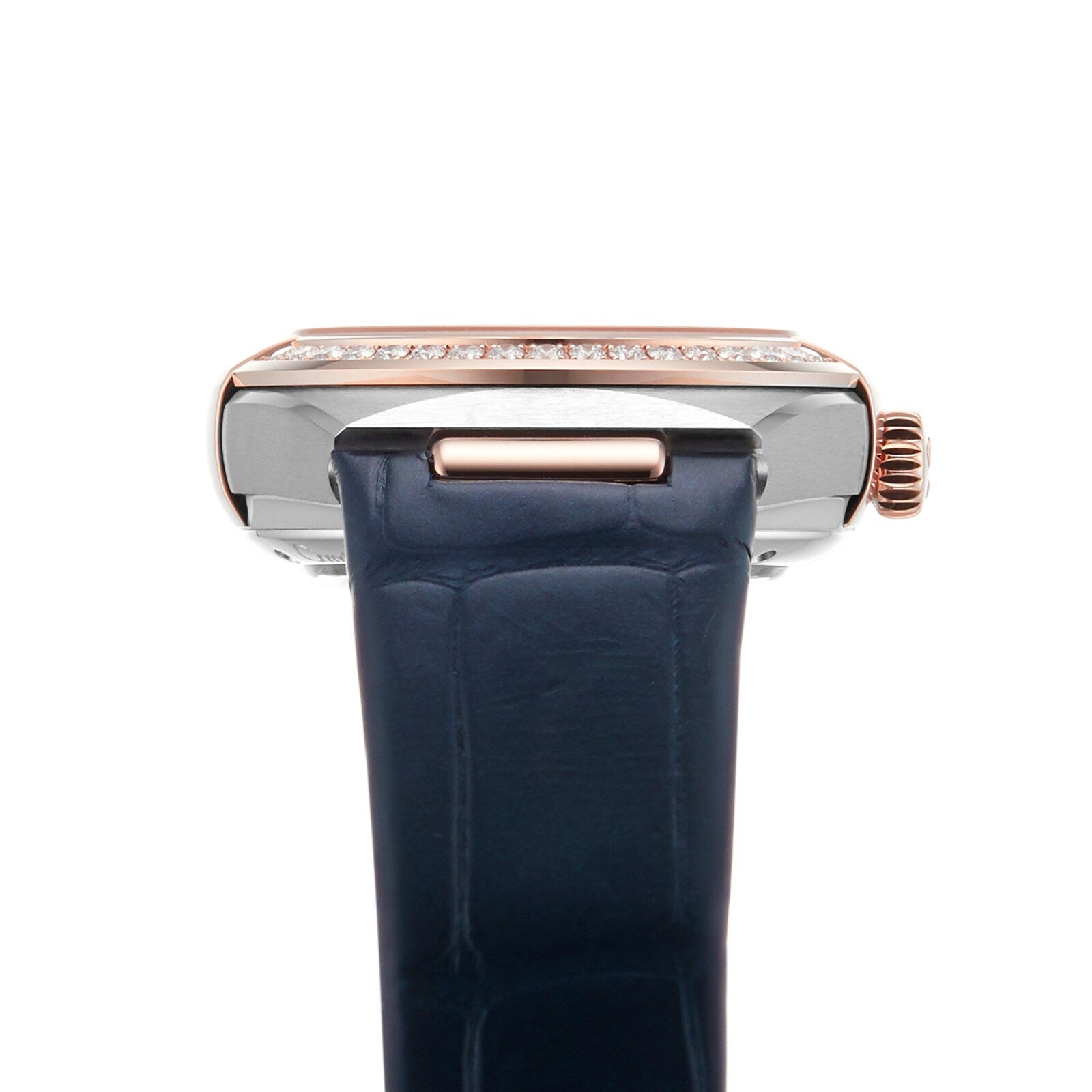 Close-up side view of the OMEGA Constellation, showcasing a blue leather strap, silver case, rose gold crown, diamond-set bezel, and an Aventurine stone dial.