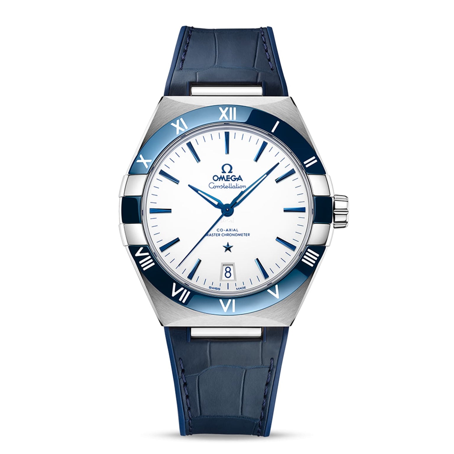 The OMEGA Constellation wristwatch features a blue leather strap, stainless steel case, white dial with Roman numerals, and a date display at 6 o’clock.