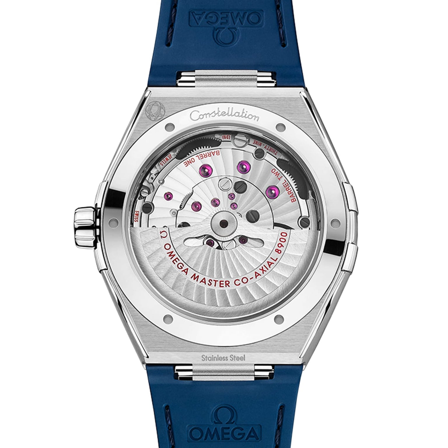 Back view of the OMEGA Constellation, featuring a stainless steel case, transparent case back displaying the movement, and a blue strap with OMEGA branding.