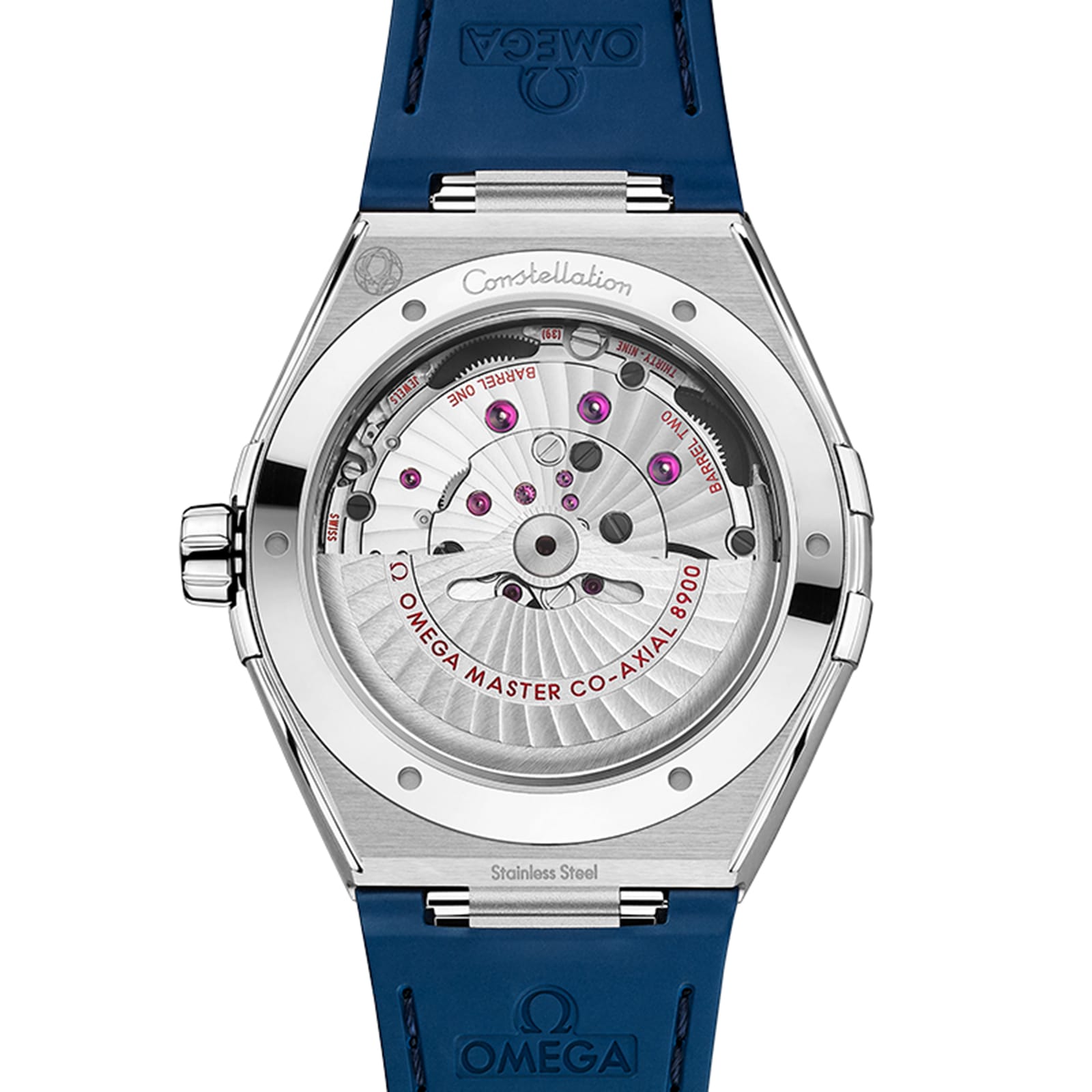 Back view of the OMEGA Constellation, featuring a stainless steel case, transparent case back displaying the movement, and a blue strap with OMEGA branding.