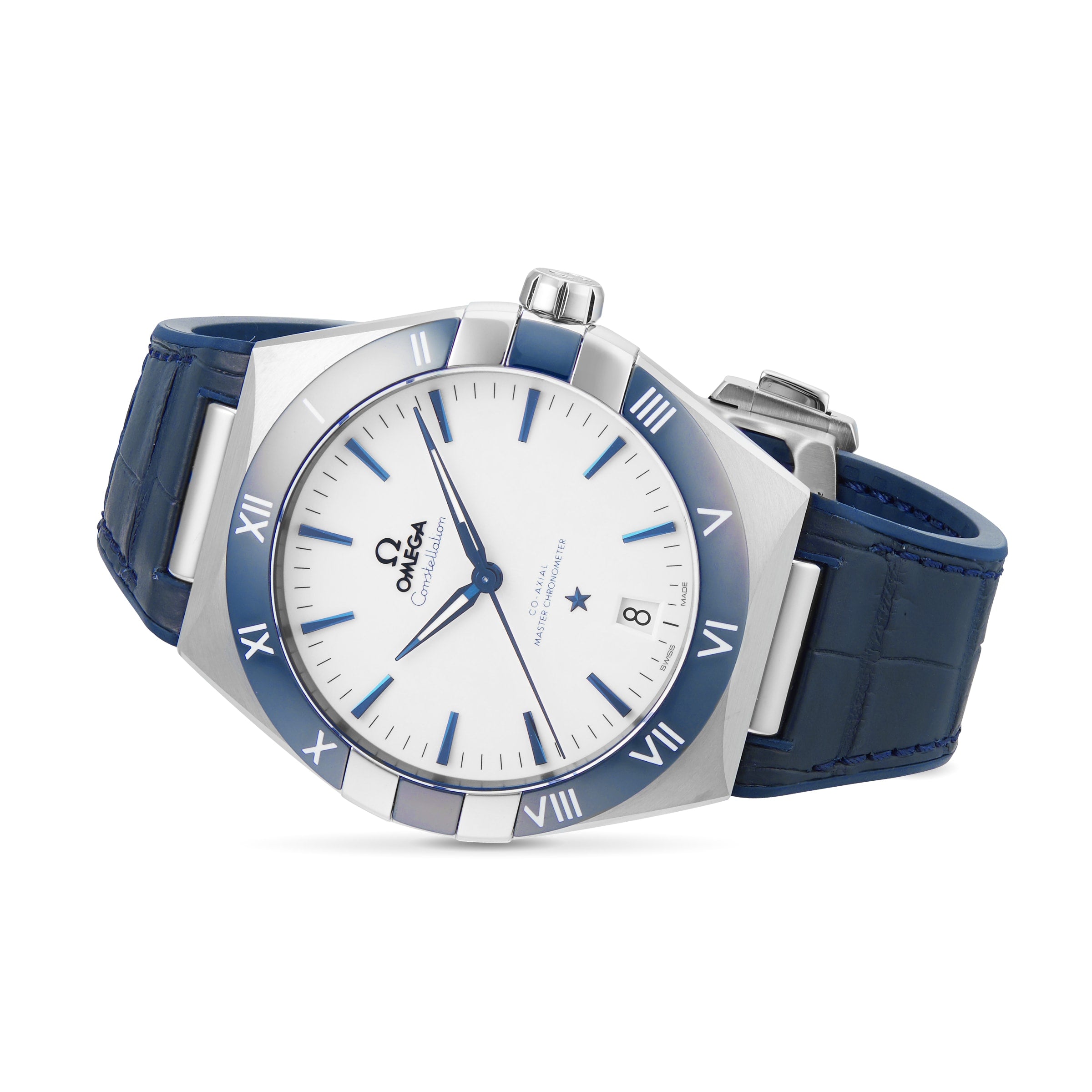 An OMEGA Constellation wristwatch with a white dial, blue Roman numerals, blue leather strap, and stainless steel case is shown on a white background.