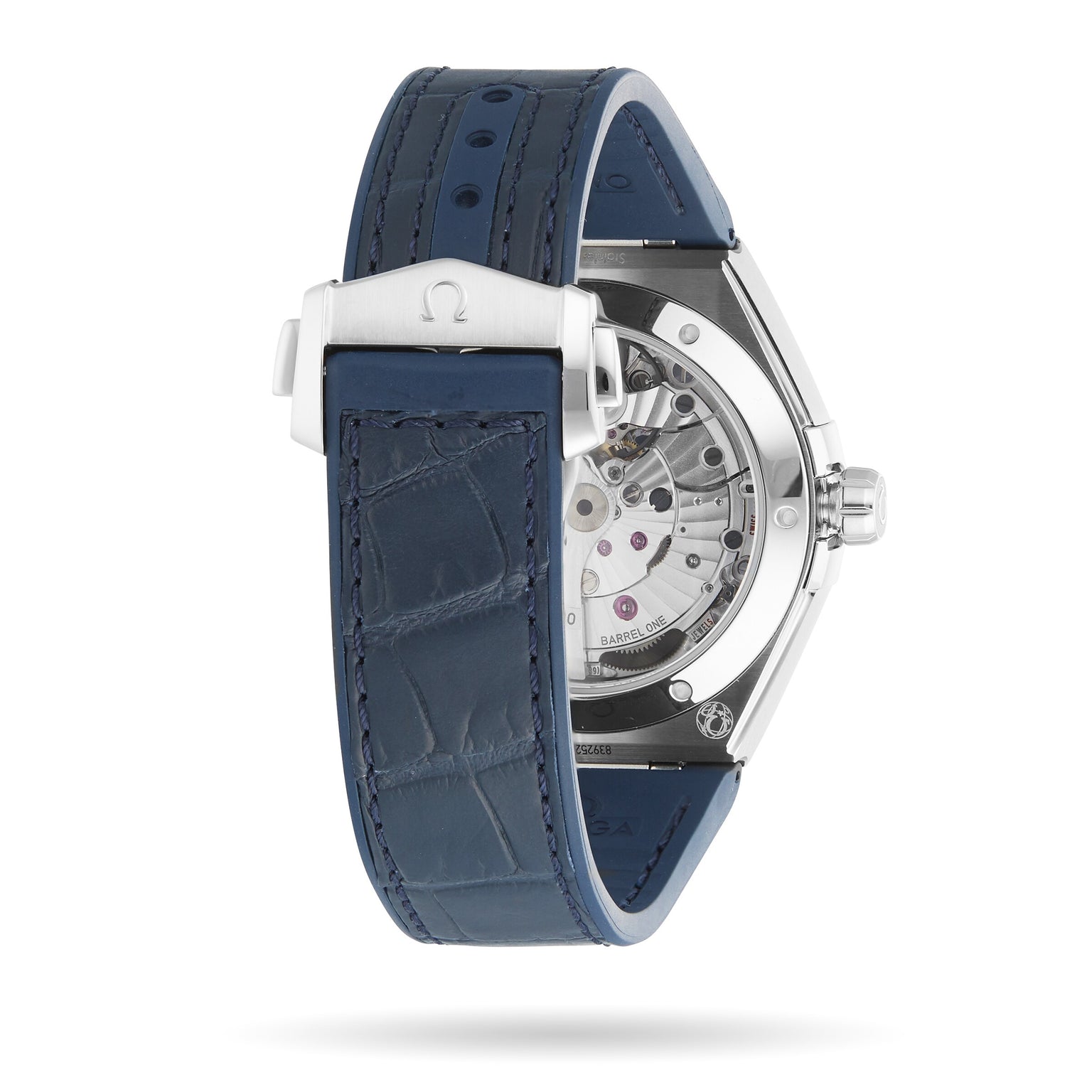 Back view of the OMEGA Constellation wristwatch featuring a blue leather strap, stainless steel clasp, and a transparent case displaying its Master Chronometer mechanical movement.