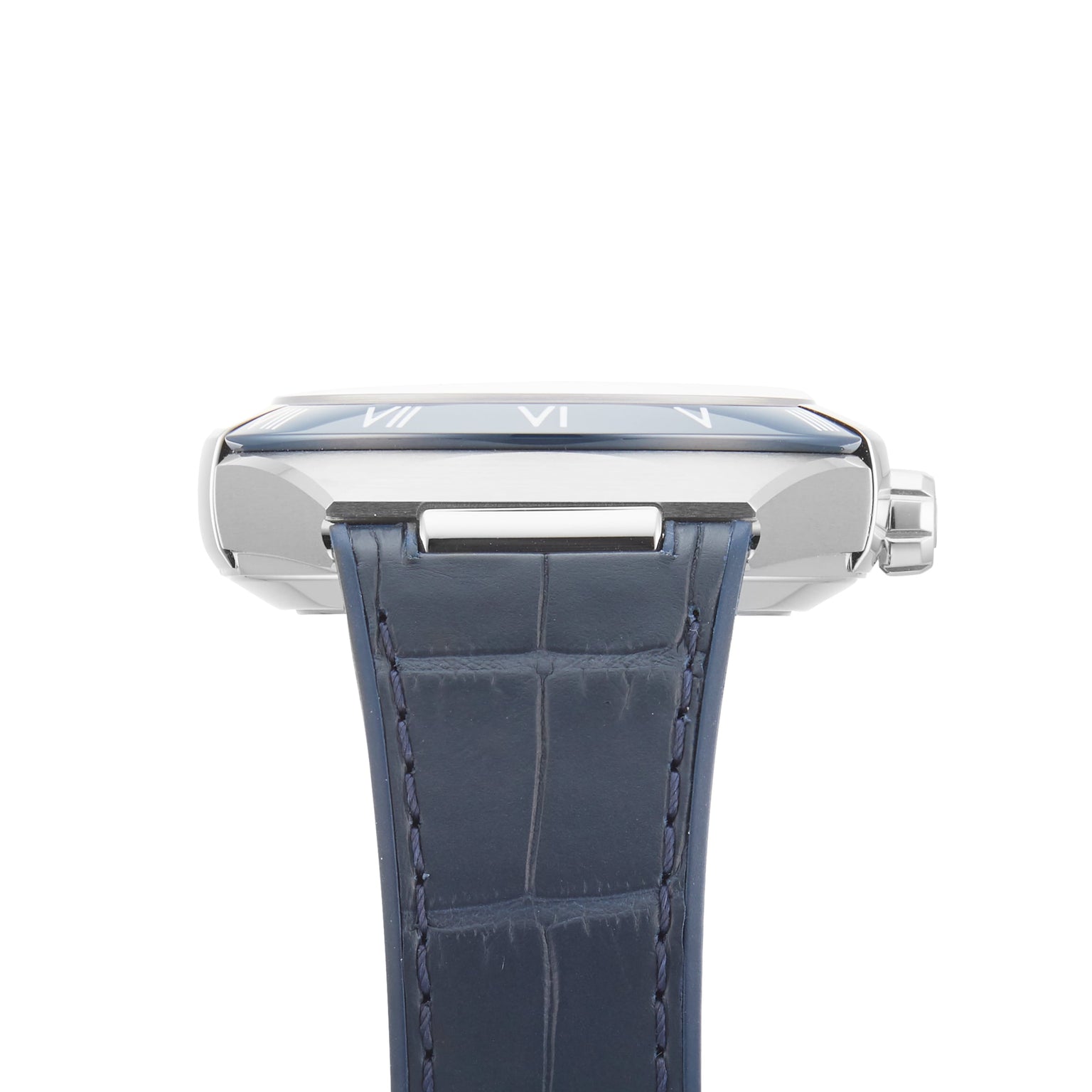 A close-up side view of the OMEGA Constellation wristwatch, featuring a stainless steel case, a blue Roman numeral dial, and a textured blue leather strap.