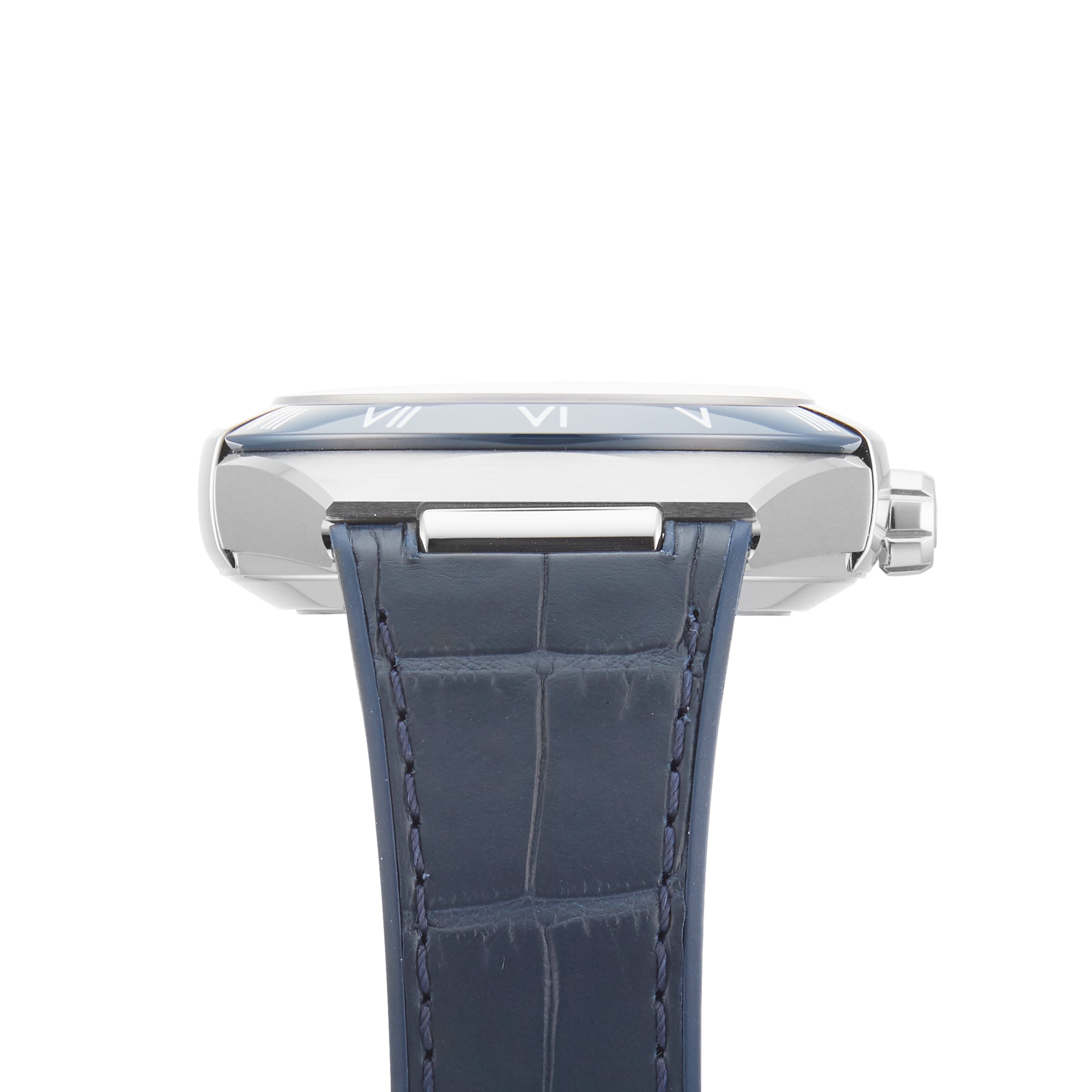 A close-up side view of the OMEGA Constellation wristwatch, featuring a stainless steel case, a blue Roman numeral dial, and a textured blue leather strap.