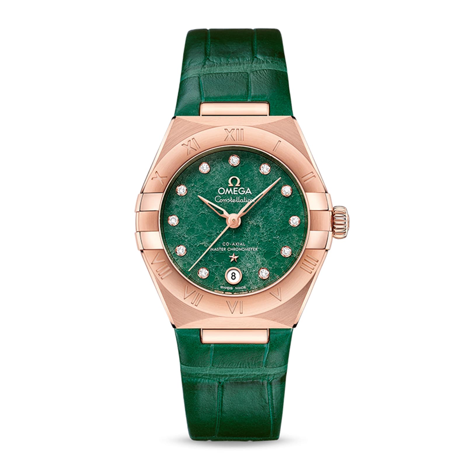 The OMEGA Constellation features a gold case, Aventurine stone dial, diamond hour markers, date at 6 o’clock, and green leather strap—a sparkling new addition to the collection.