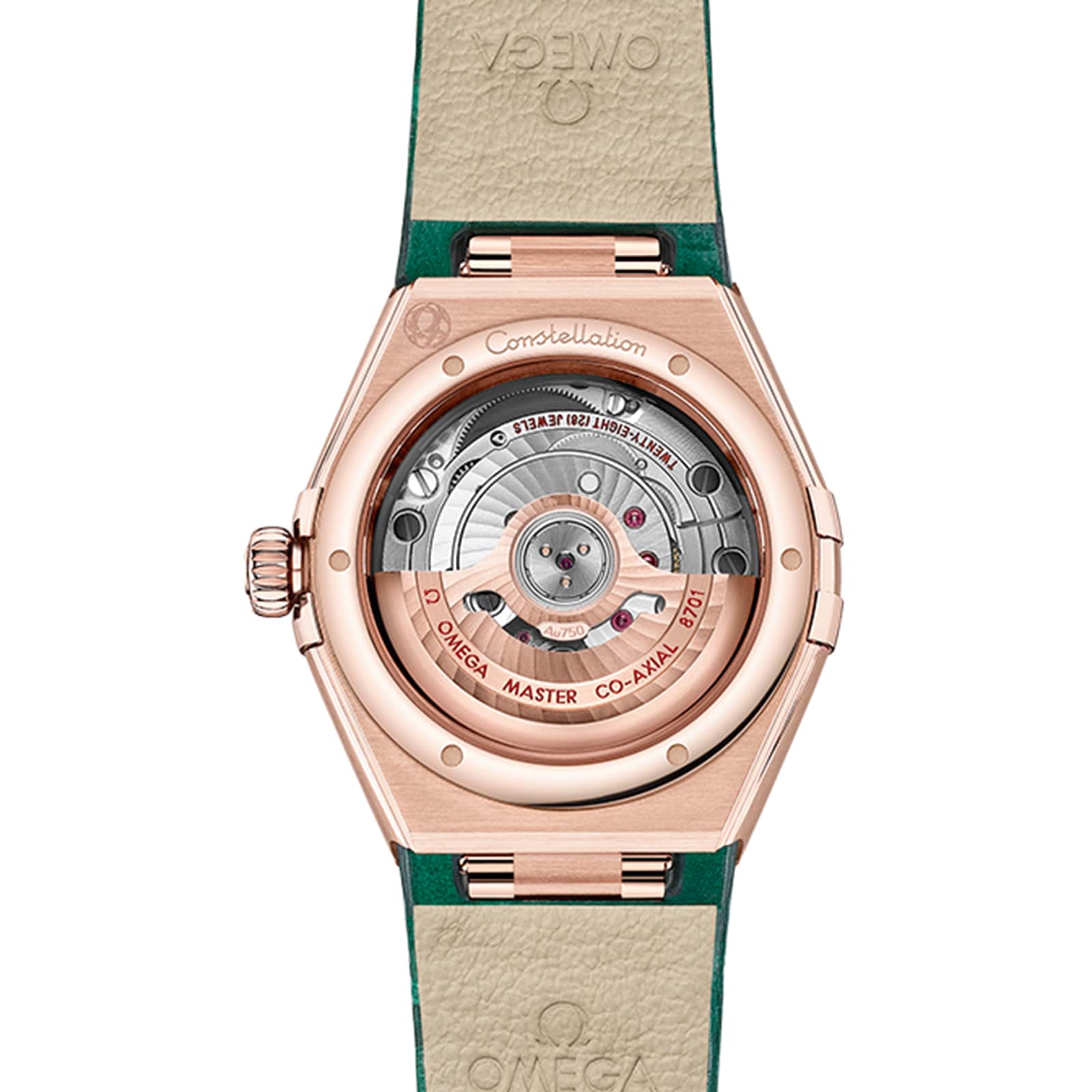 Close-up of the back of the OMEGA Constellation, featuring its visible automatic movement through a transparent case back and a leather strap with green accents.