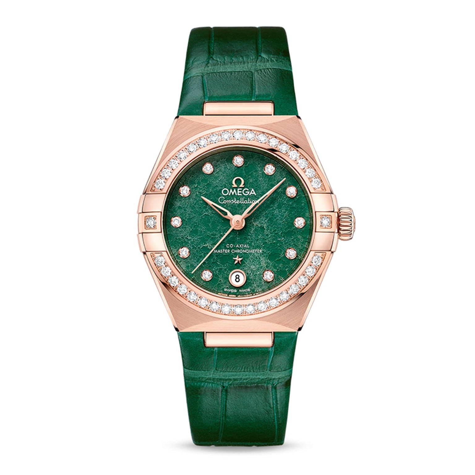 An OMEGA Constellation wristwatch featuring a green dial with diamond hour markers, a diamond bezel, and a green leather strap crafted in Sedna™ gold.