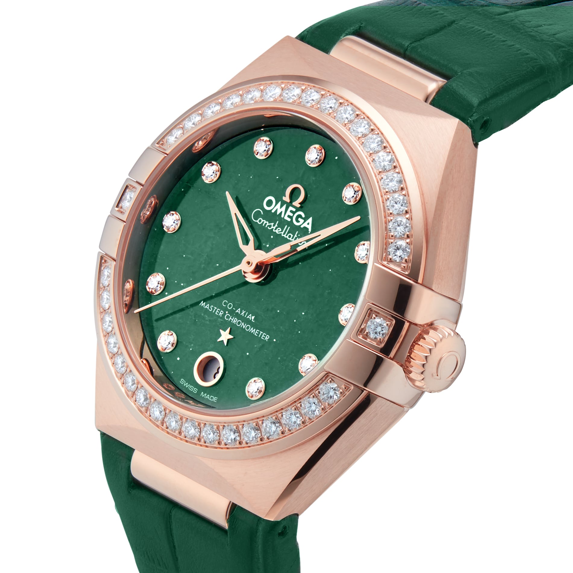The OMEGA Constellation features Sedna™ gold, a green dial with diamond hour markers, a diamond-set bezel, and a green leather strap.