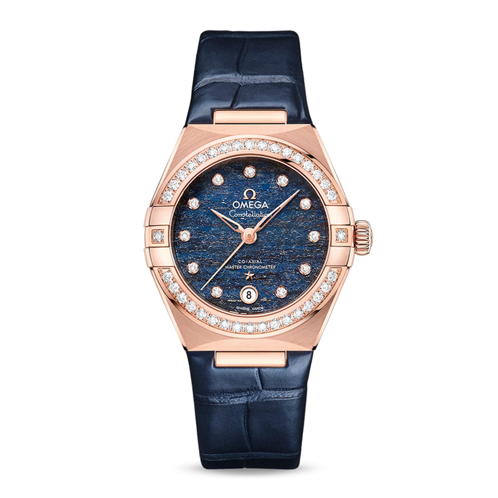 OMEGA Constellation watch featuring a blue Aventurine dial, diamond markers and bezel, 18K Sedna™ gold case, and blue leather strap—an exquisite addition to the iconic Constellation collection.