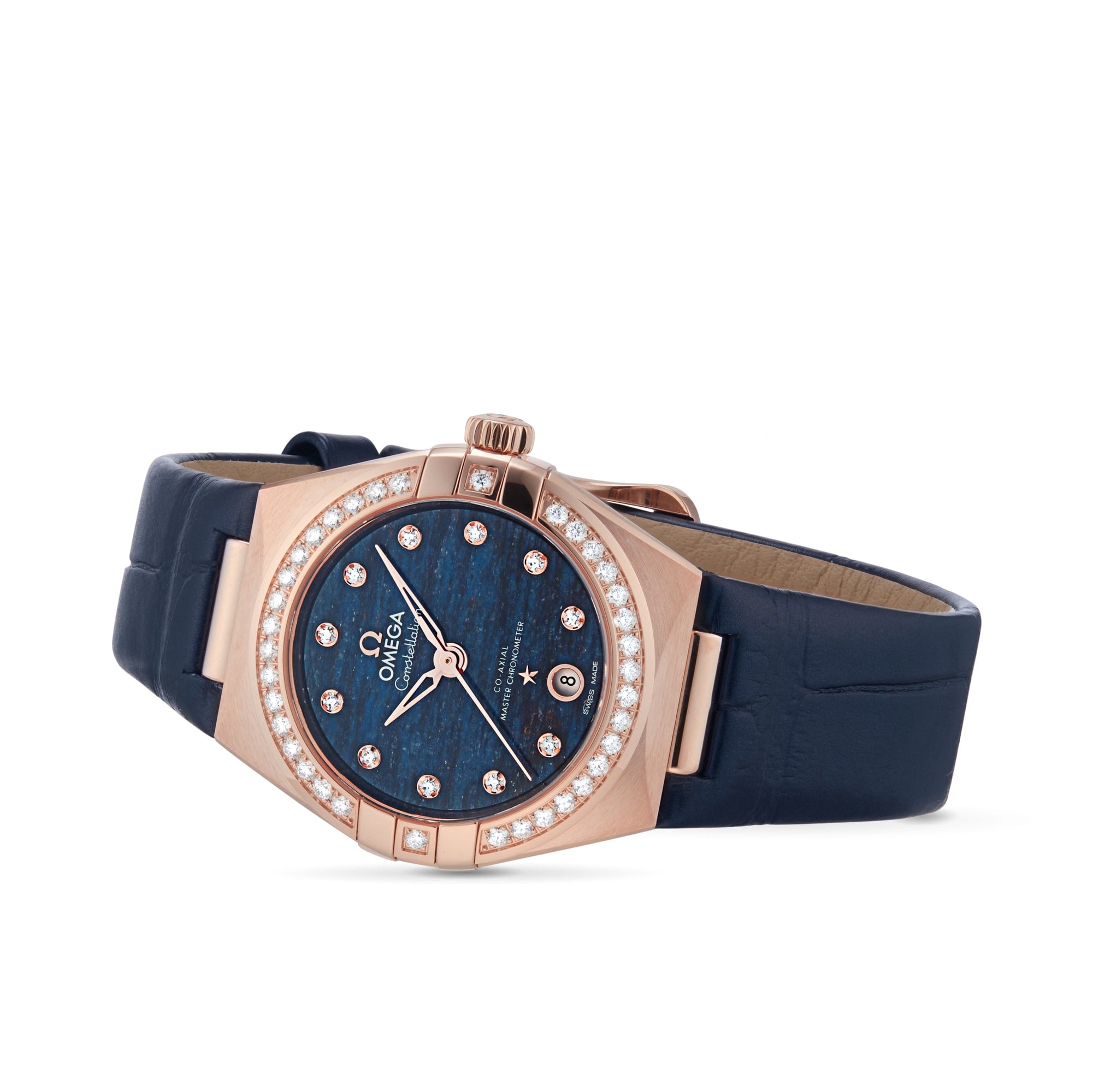 The OMEGA Constellation is a luxury wristwatch with a blue strap, 18K Sedna™ gold case, diamond-set bezel, blue Aventurine stone dial, and diamond hour markers. It exudes elegance and is shown on a white background.