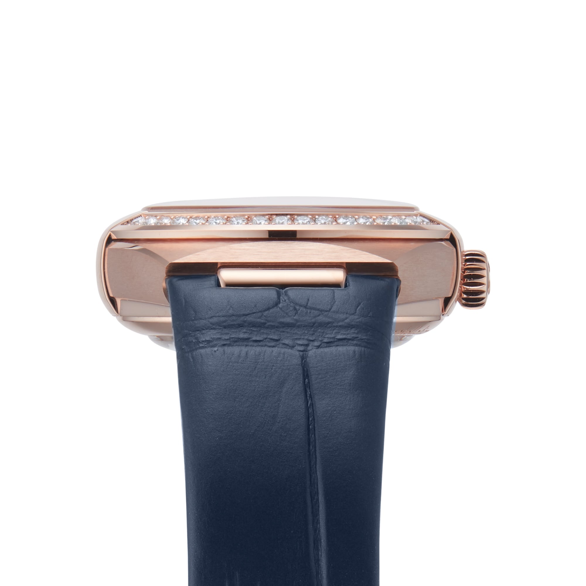 Side view of the OMEGA Constellation in 18K Sedna™ gold, featuring a blue leather strap, a diamond-set case, and a refined blue Aventurine stone dial.