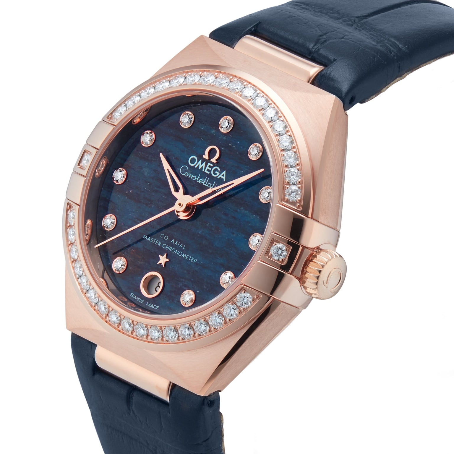 The OMEGA Constellation features a blue Aventurine dial, diamond hour markers and bezel, an 18K Sedna™ gold case, and a blue leather strap.