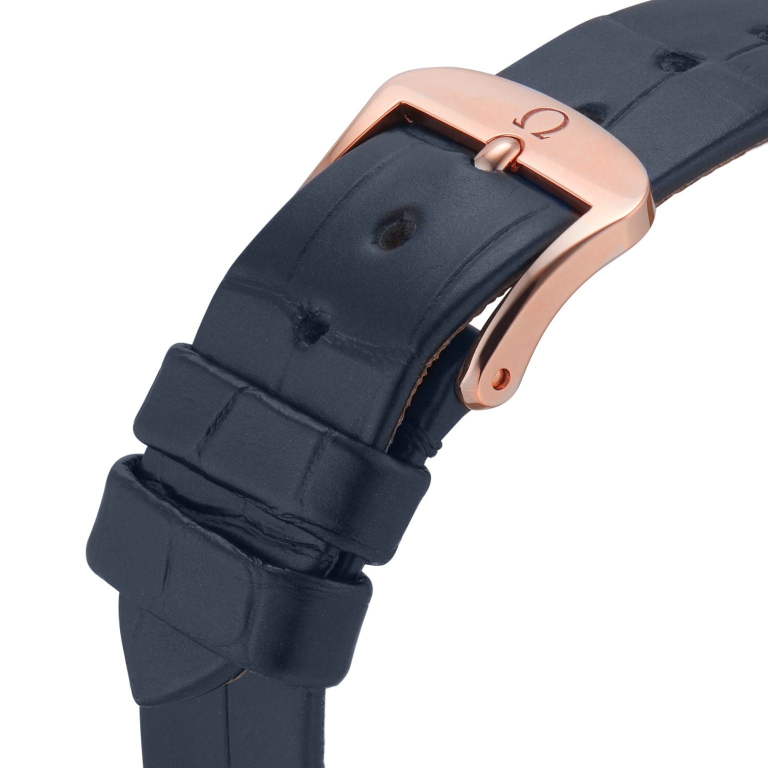 Close-up of an OMEGA Constellation gold buckle featuring the logo on a dark blue, crocodile-pattern leather strap, crafted in elegant 18K Sedna™ gold.