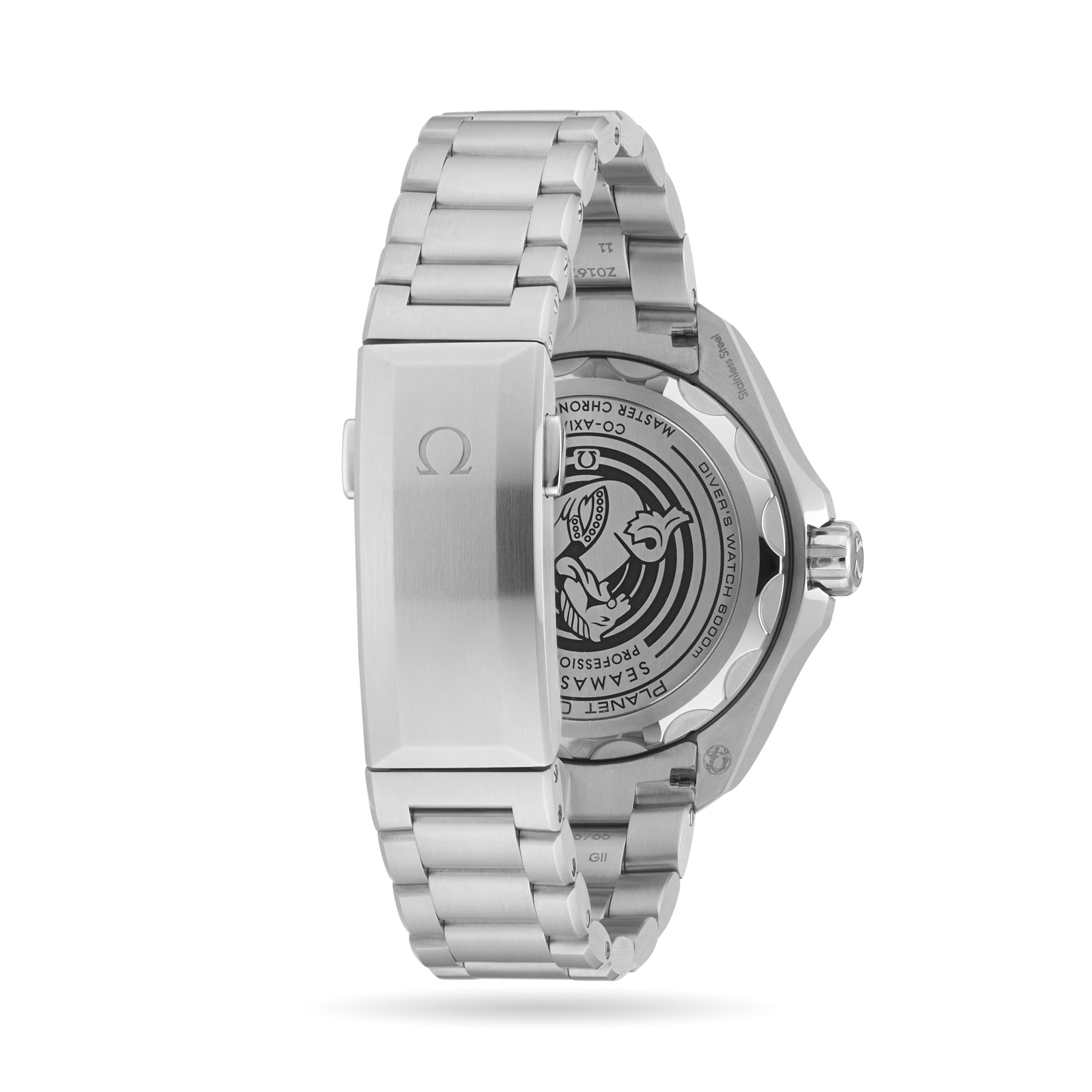 Back view of the OMEGA Seamaster Planet Ocean 6000M in stainless steel, showing the metal bracelet, engraved seahorse and Omega logo; a mark of durable O-MEGASTEEL crafted for saturation divers’ watches.