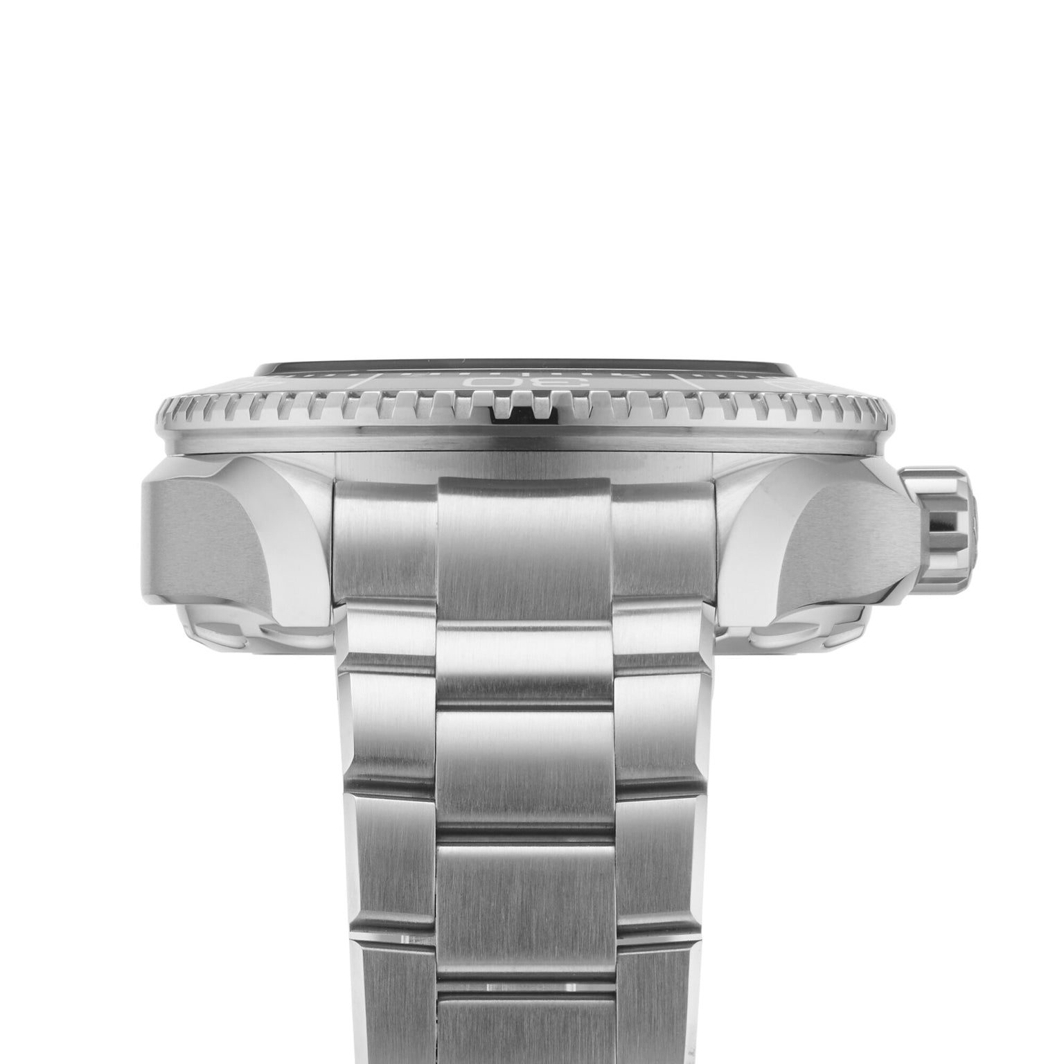 Side profile view of an OMEGA Seamaster Planet Ocean 6000M wristwatch featuring a brushed metal bracelet, ridged bezel, and robust design inspired by Ultra Deep saturation divers’ watches.