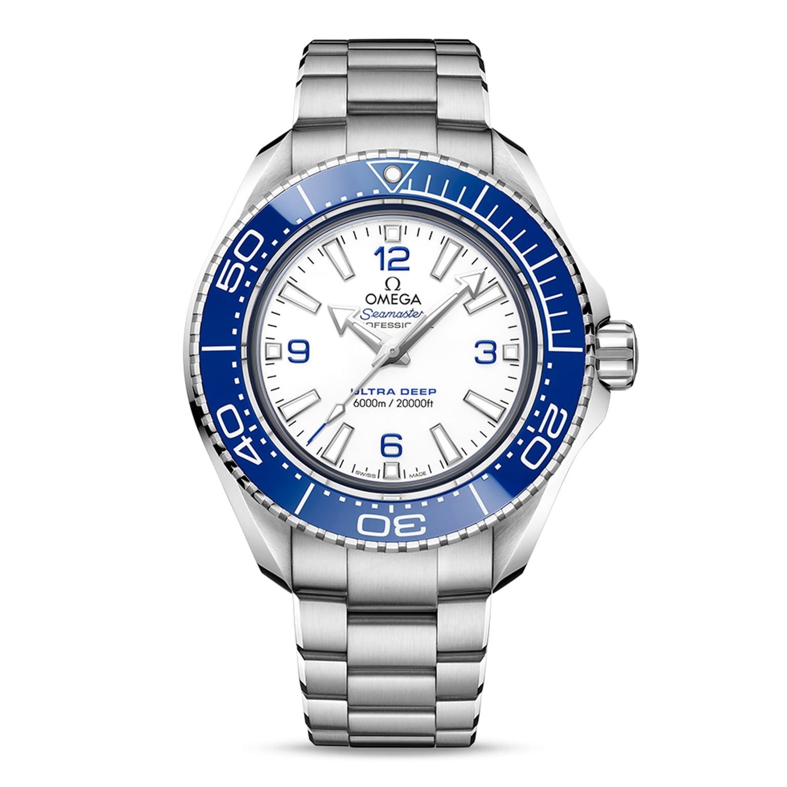 The OMEGA Seamaster Planet Ocean 6000M is a stainless steel wristwatch with a white dial, blue bezel, metal O-MEGASTEEL bracelet, and superior water resistance, shown displaying 10:09:35.