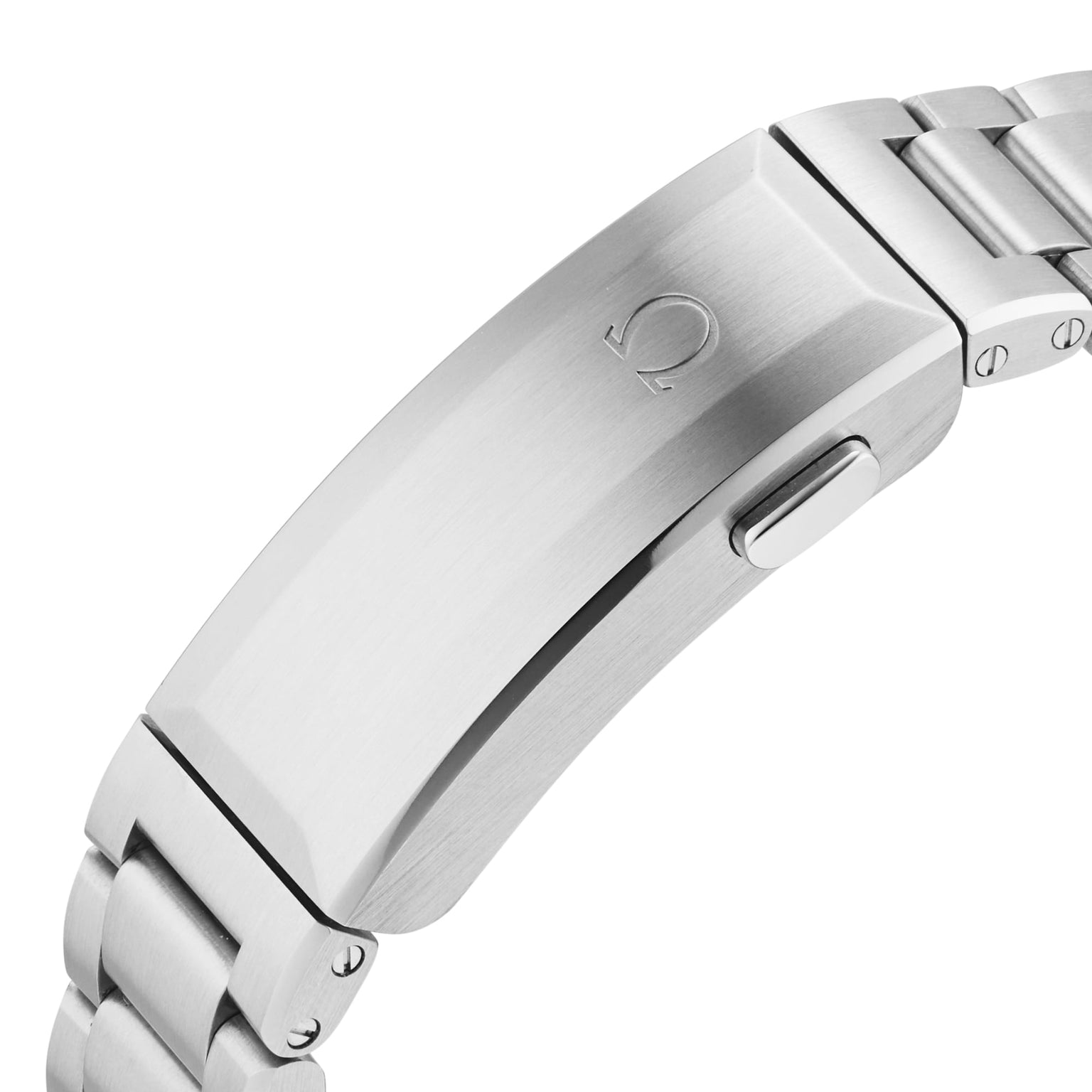 Close-up of a stainless steel OMEGA clasp with engraved logo and brushed finish on the Seamaster Planet Ocean 6000M, featuring side push button—crafted for water resistant saturation divers watches.