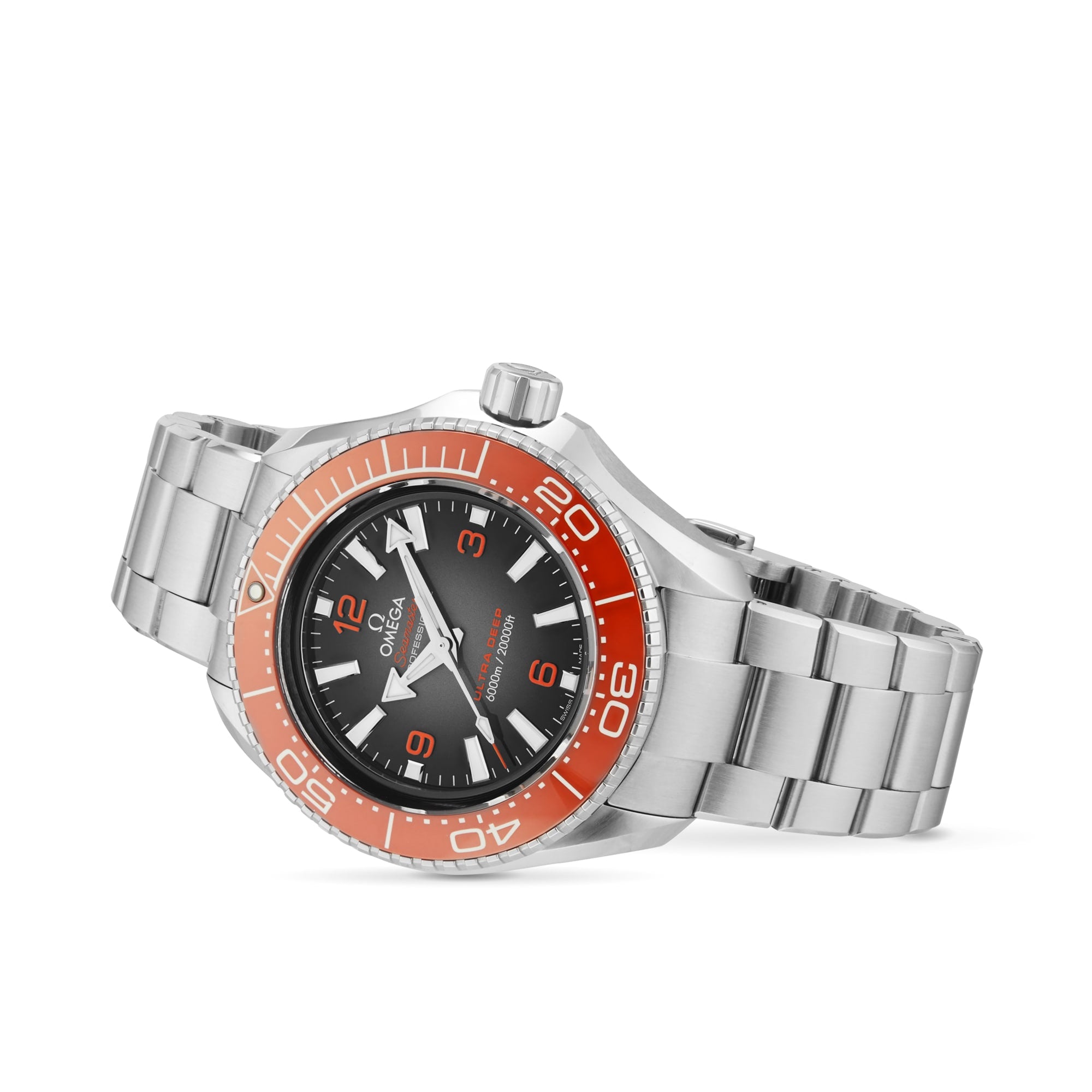 The OMEGA Seamaster Planet Ocean 6000M, a stainless steel wristwatch with a black dial, orange bezel, and silver bracelet, is shown angled on a white background—ideal for those wanting a bold saturation divers’ watch.