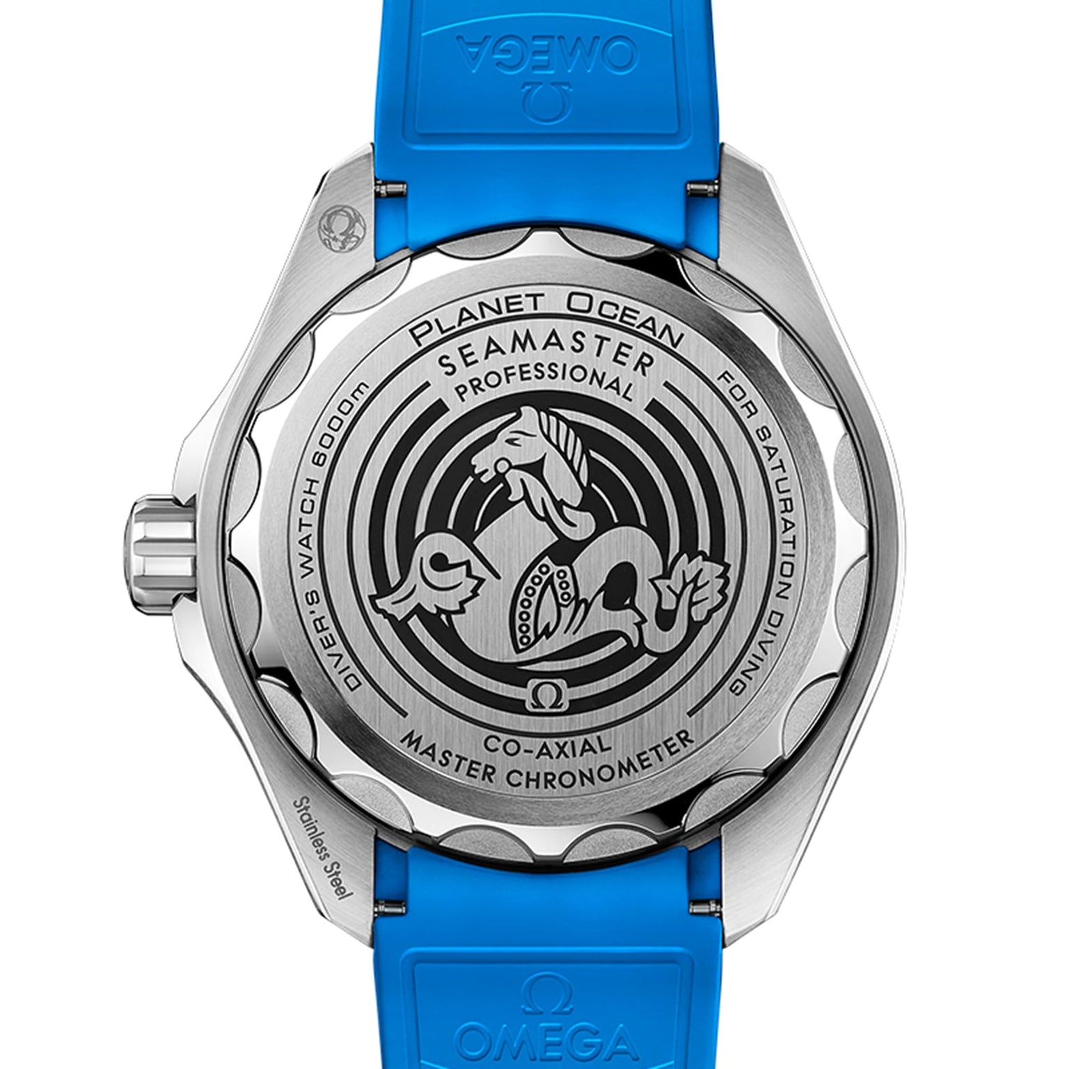 Close-up of the back of an OMEGA Seamaster Planet Ocean 600M in O-MEGASTEEL, highlighting its engraved details and blue strap.