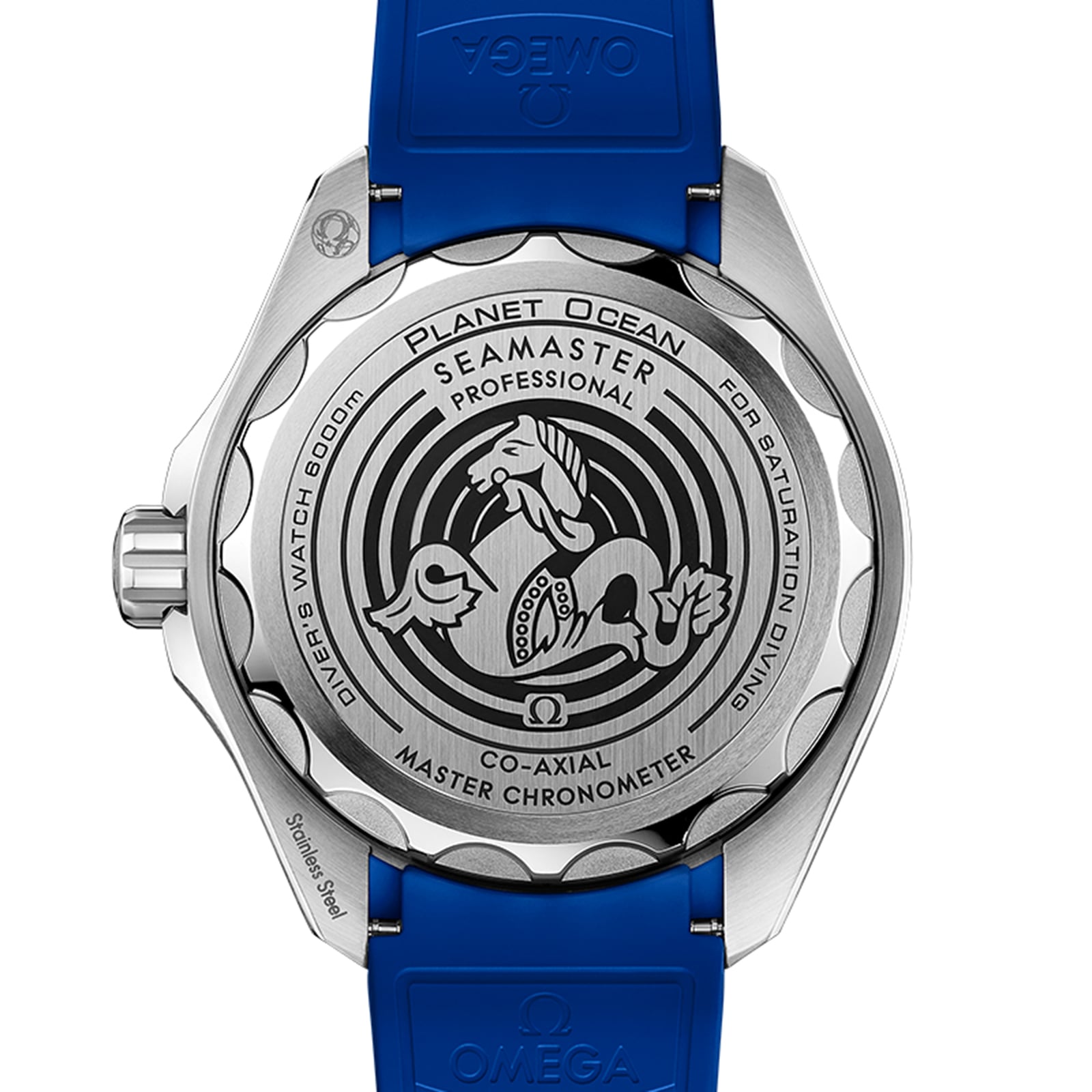 The case back of the OMEGA Seamaster Planet Ocean 6000M shows the model name, seahorse emblem, and water resistance details, complemented by a blue strap.