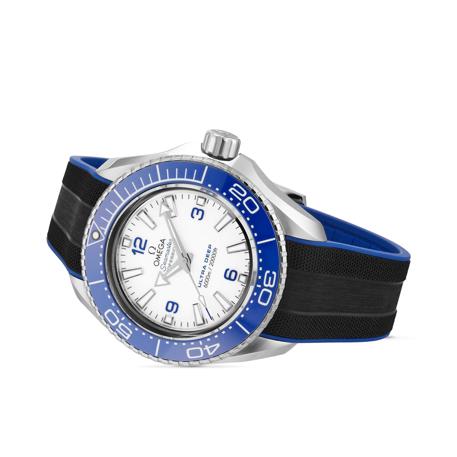 An OMEGA Seamaster Planet Ocean 6000M wristwatch, featuring a silver and blue case, white dial, and black and blue rubber strap in O-MEGASTEEL, displayed at an angle.