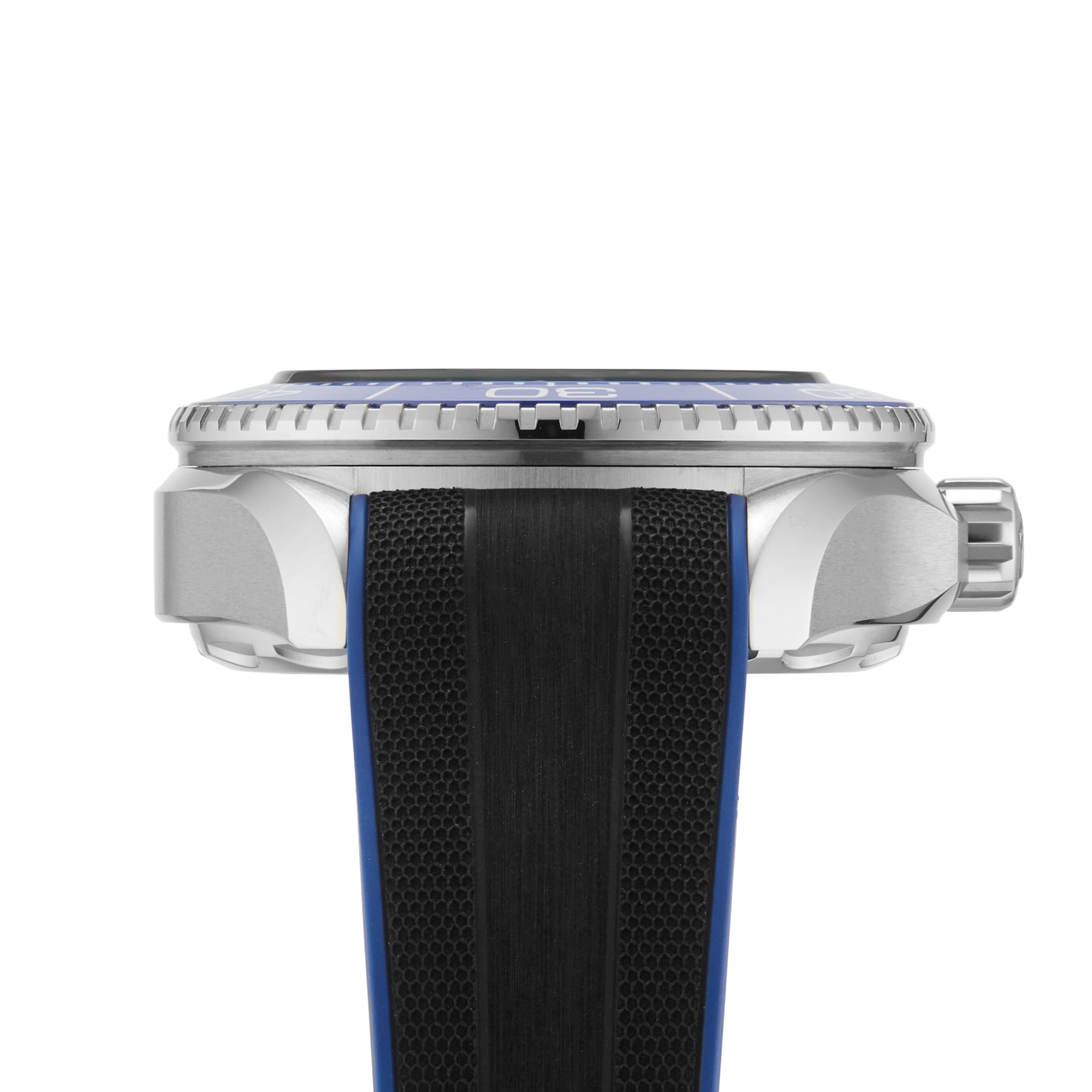 Side view of the OMEGA Seamaster Planet Ocean 6000M with a robust O-MEGASTEEL case, textured blue and black strap, and ridged crown. Its water-resistant design ensures lasting durability for daily use.