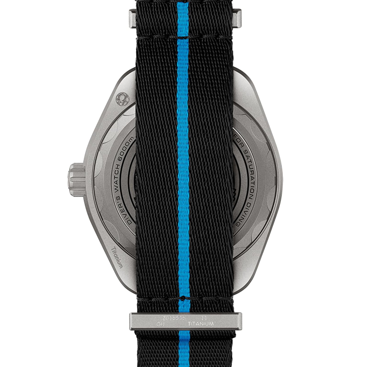 The image shows the back of an OMEGA Seamaster Planet Ocean 6000M dive watch with a black strap and a blue center stripe, highlighting its metal case and engraved details.