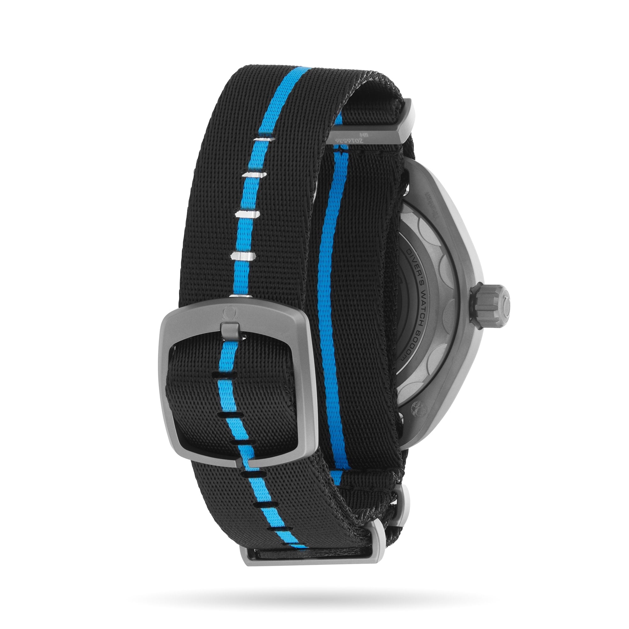 A black OMEGA Seamaster Planet Ocean 6000M dive watch with a nylon strap featuring a blue stripe and silver buckle, displayed from the back—an understated nod to the iconic OMEGA design heritage.