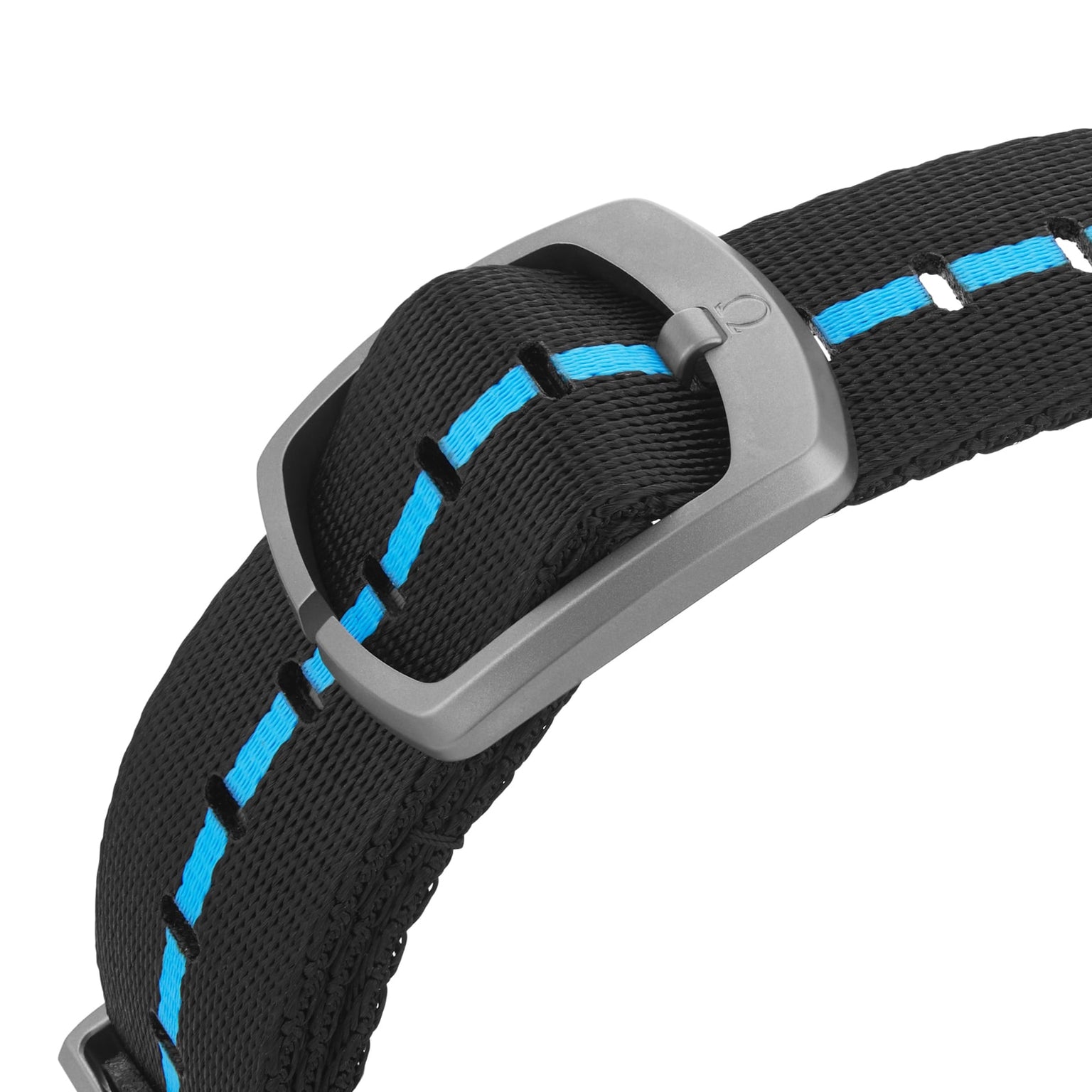 Close-up of a black fabric strap with blue stitching, secured by a silver buckle—featured on the OMEGA Seamaster Planet Ocean 6000M dive watch.