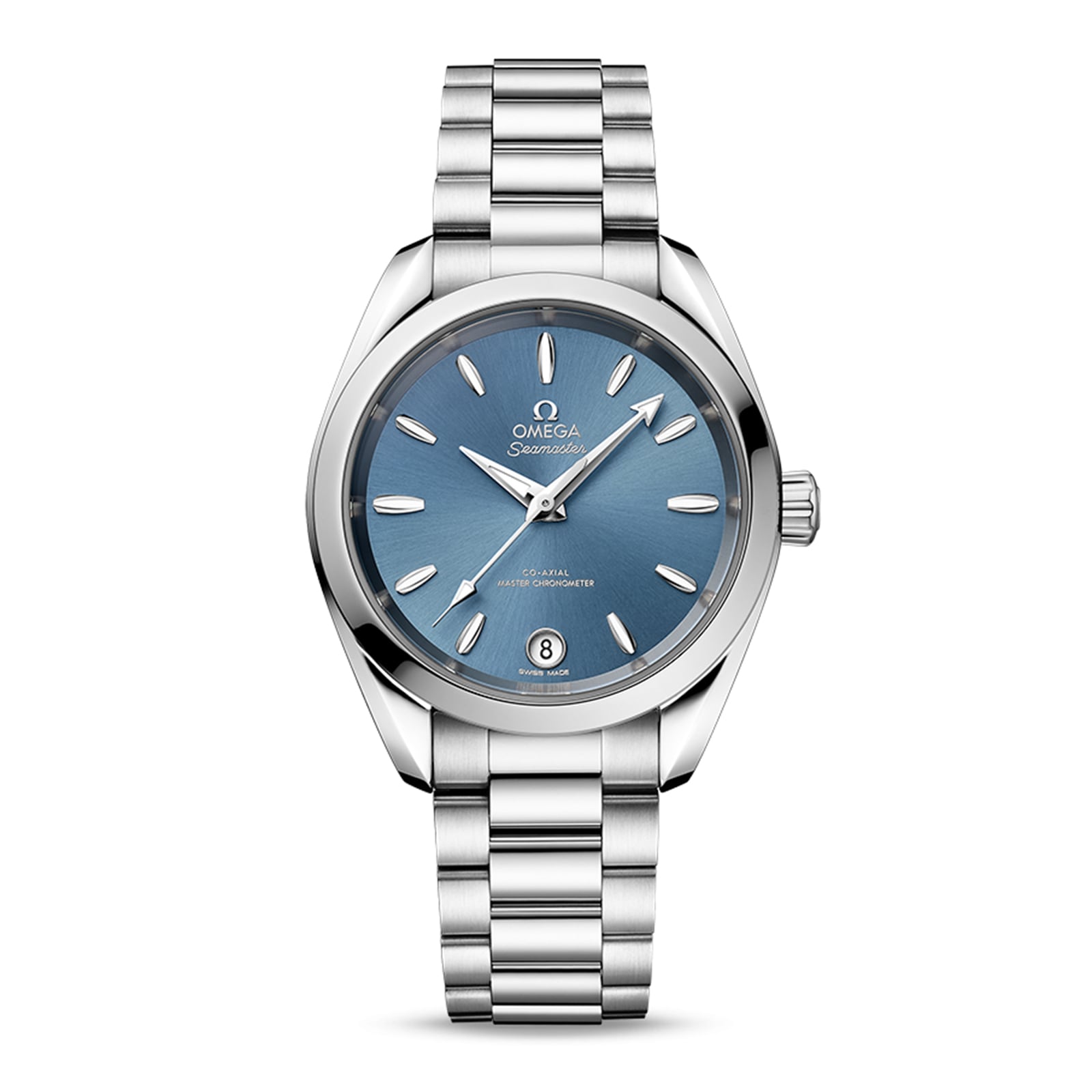 The OMEGA Seamaster Aqua Terra Shades is a stainless steel wristwatch featuring a blue dial, silver hour markers, a date display at 6 o’clock, and comes on a metal bracelet.