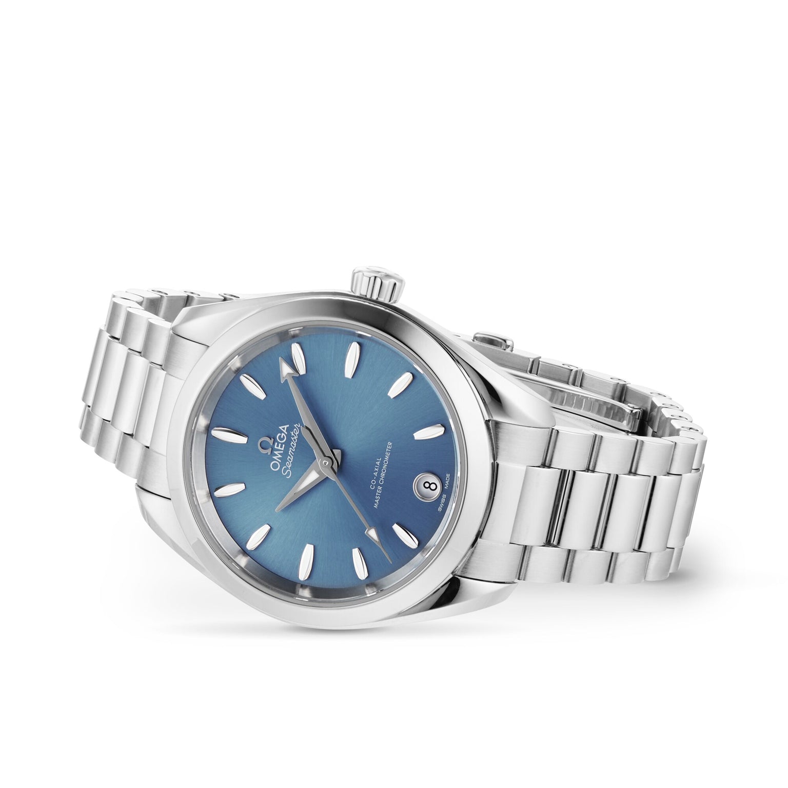 The OMEGA Seamaster Aqua Terra Shades is a stainless steel wristwatch featuring a blue dial, silver hour markers, date display at 6 o’clock, and a metal link bracelet.