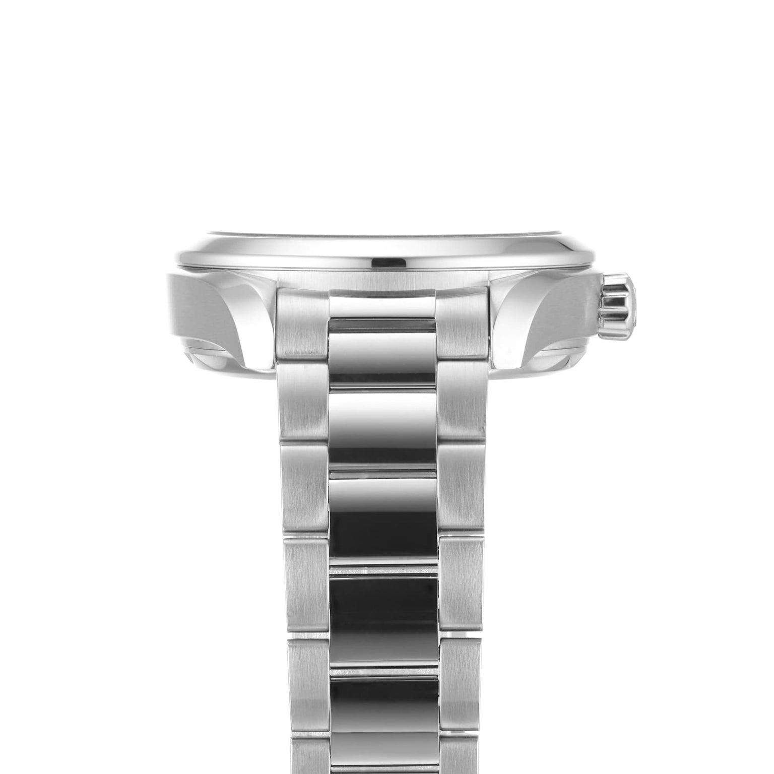 Side view of an OMEGA Seamaster Aqua Terra Shades wristwatch featuring a stainless steel case, crown, and metal link band.