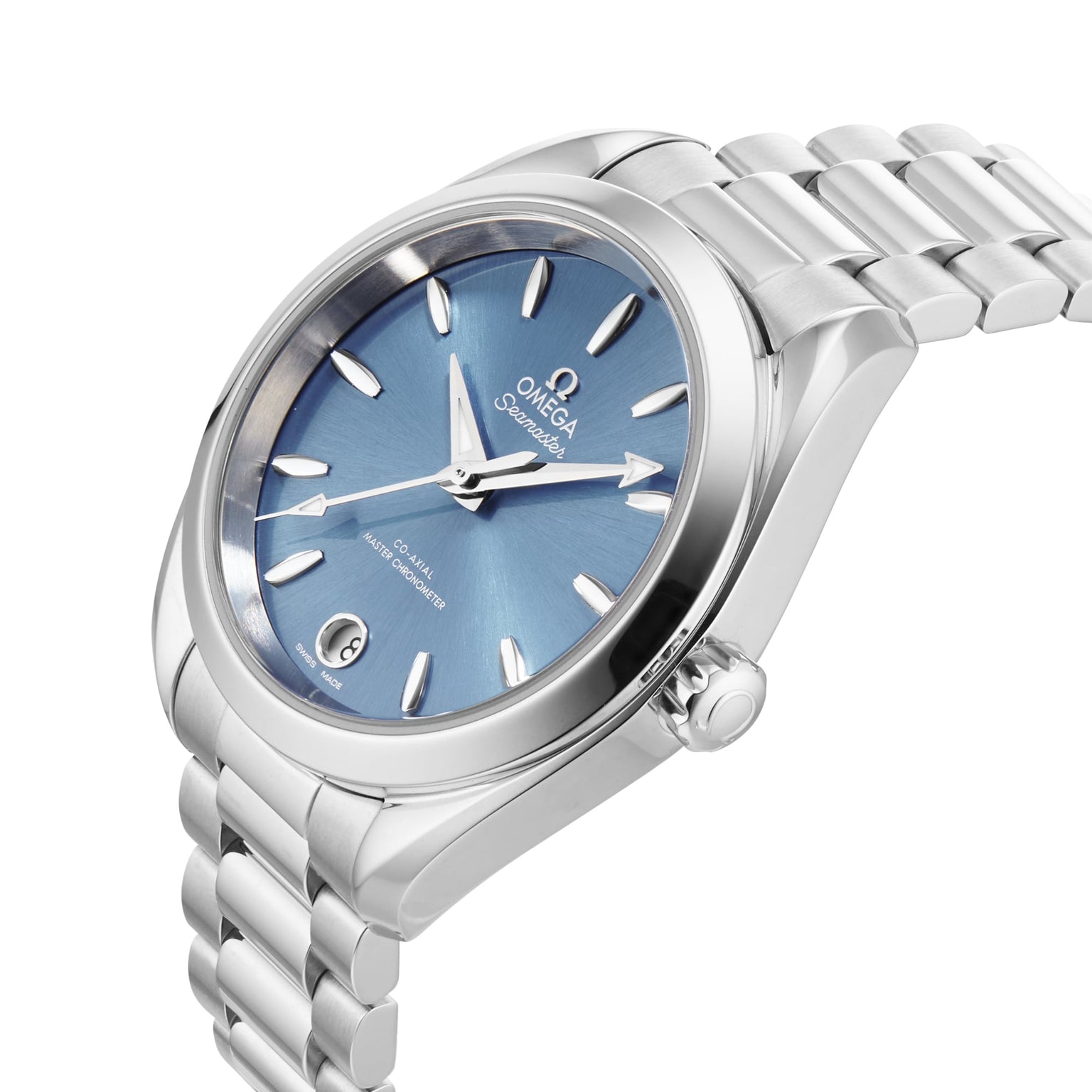 The OMEGA Seamaster Aqua Terra Shades features a blue dial, silver hour markers, date window at 6 o’clock, Master Chronometer certification, and a stainless steel link bracelet.