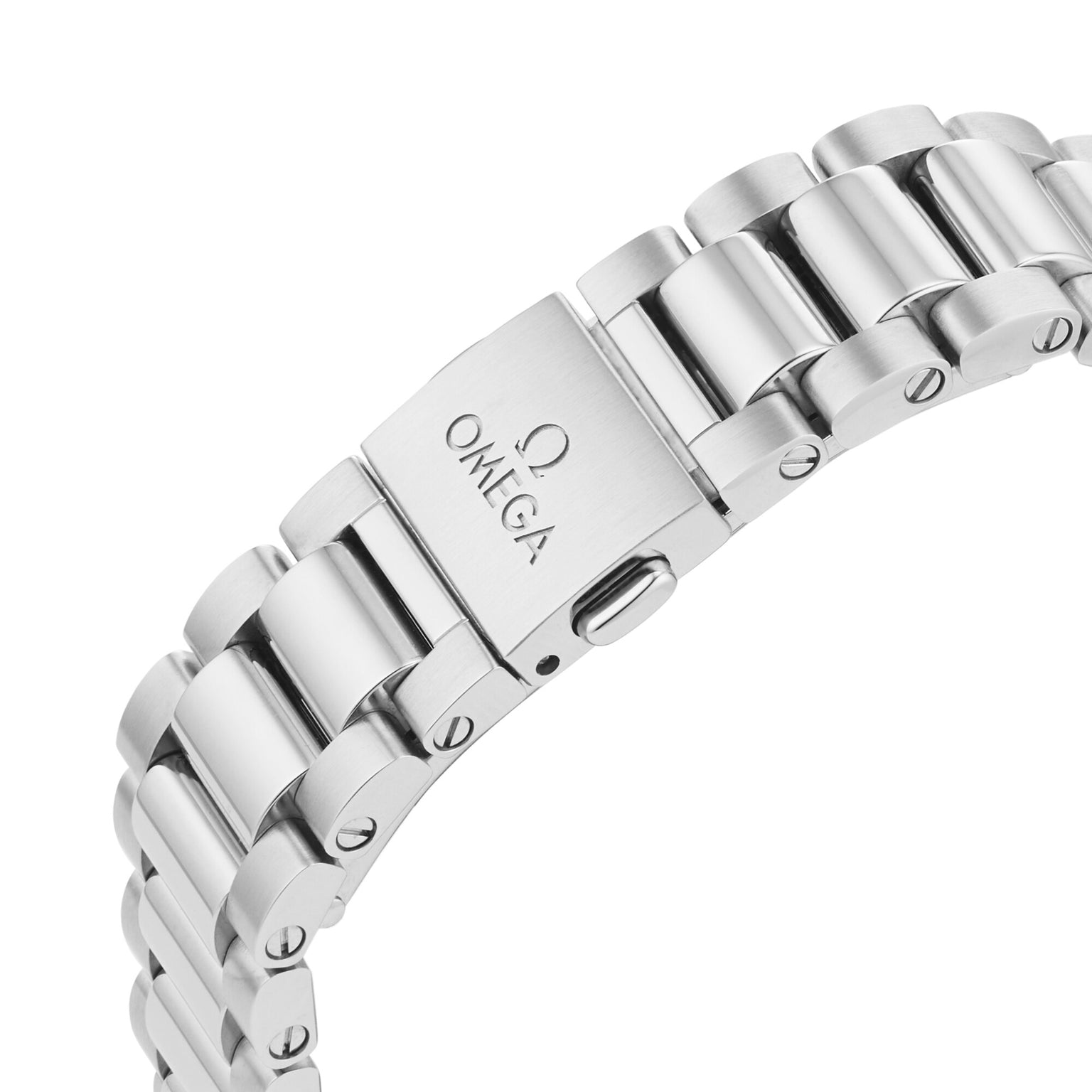 Close-up of a stainless steel OMEGA watch bracelet, highlighting the engraved OMEGA logo on the clasp of the Seamaster Aqua Terra Shades.